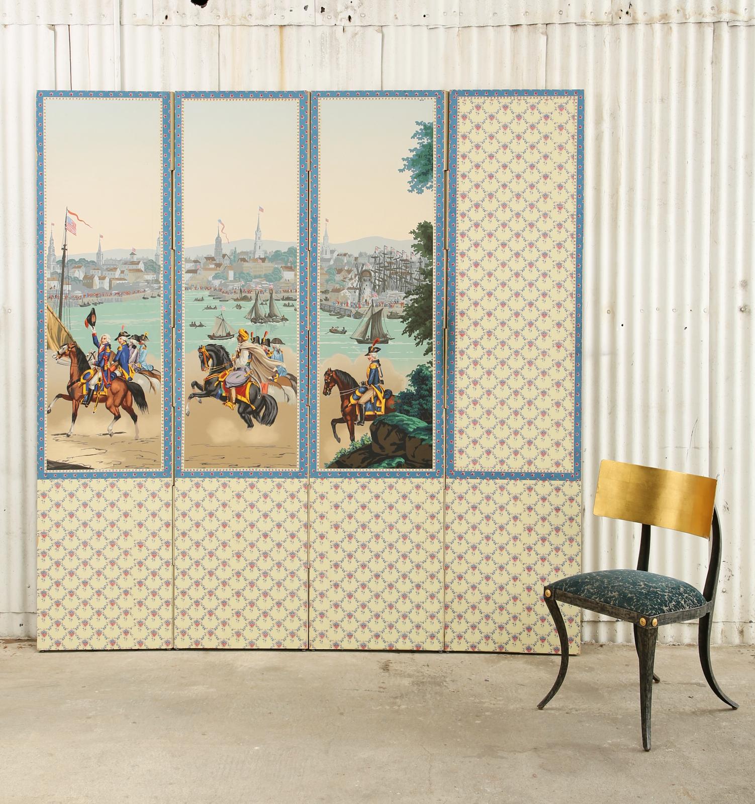 Three wallpaper panels by Zuber and Cie from the American war of independence mounted to a four-panel screen. Three sections from the panoramic scenery depict Boston harbor with George Washington on horseback ( panel numbers 19, 20, and 21). The