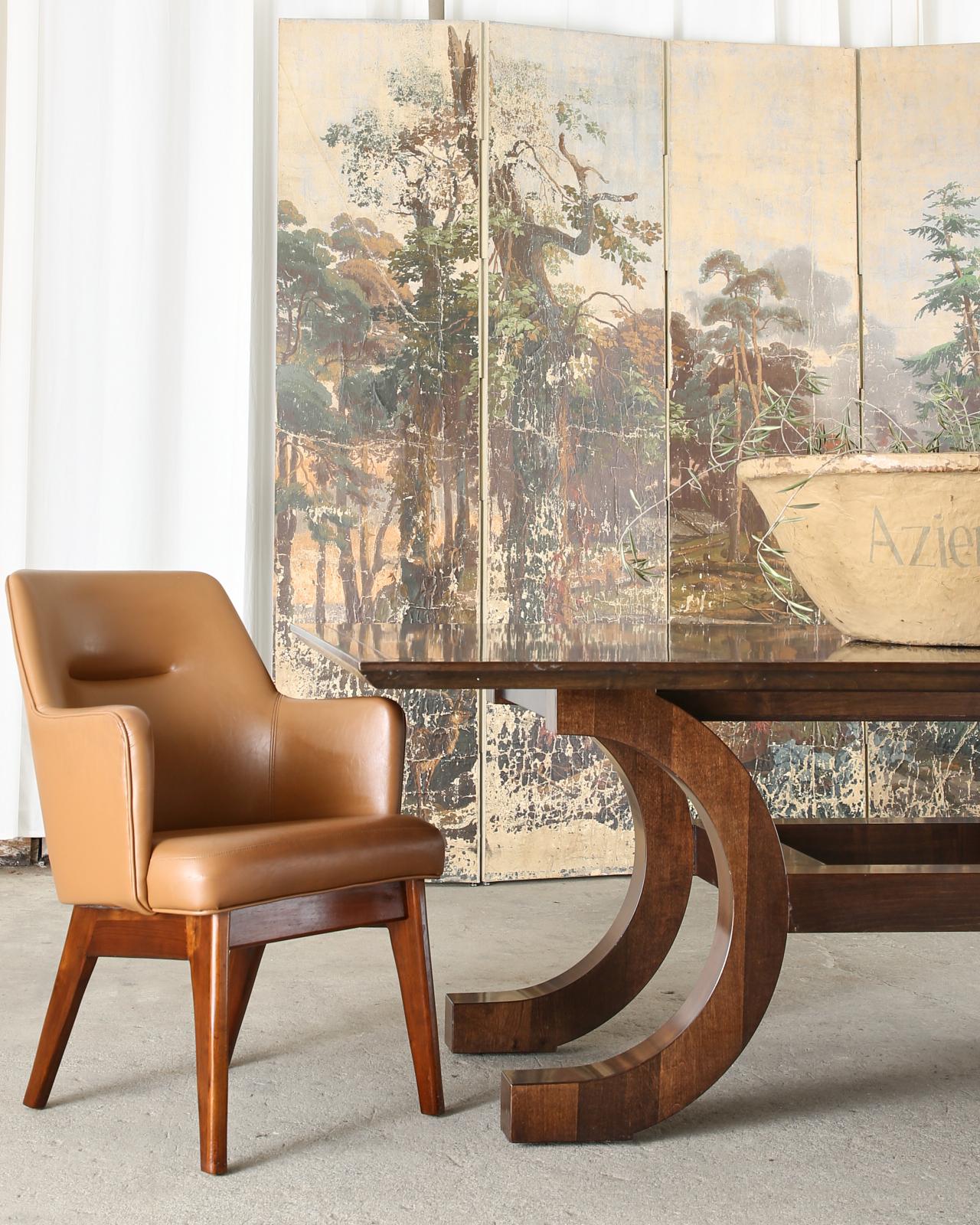 Two-sided Zuber and Cie screen that features a heavily distressed painting of a lush forest landscape. Intentionally aged, worn, and distressed with a beautiful patina. The other side features three wallpaper panels by Zuber and Cie from the