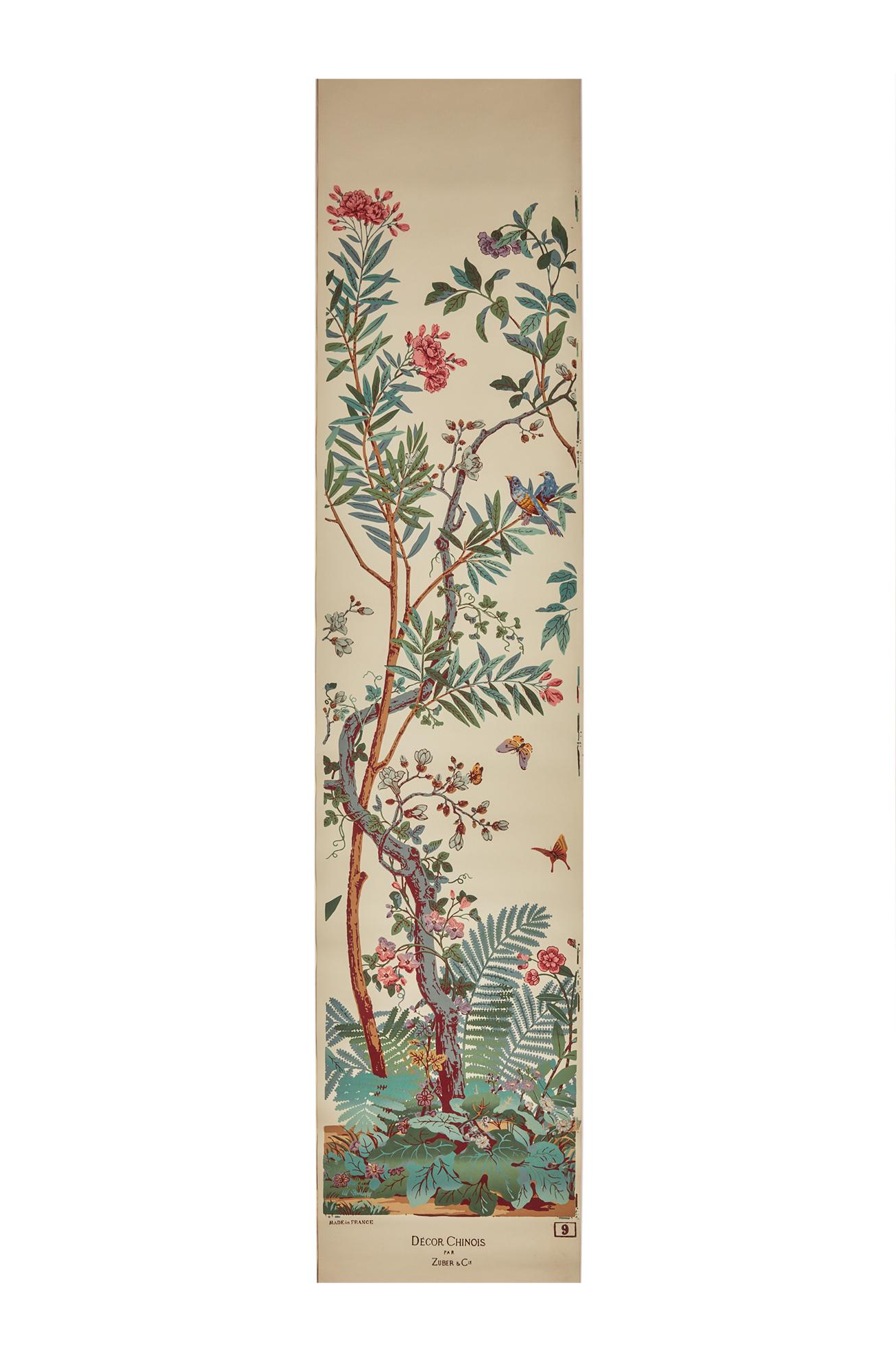 French Zuber, 'Decor Chinois' Hand Wood Block Scenic Wall Paper Red Line Color Way For Sale