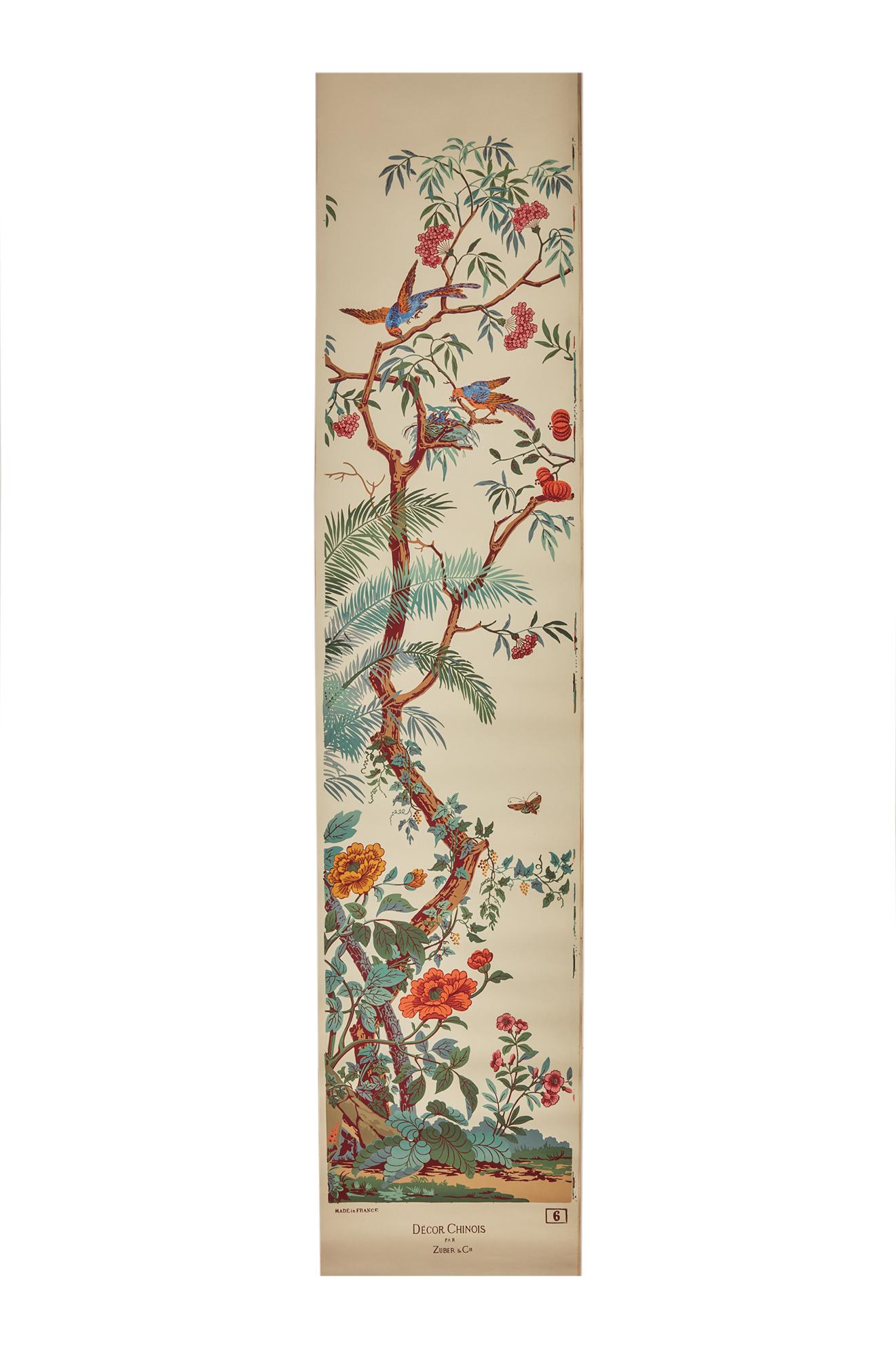 Zuber, 'Decor Chinois' Hand Wood Block Scenic Wall Paper Red Line Color Way For Sale 1