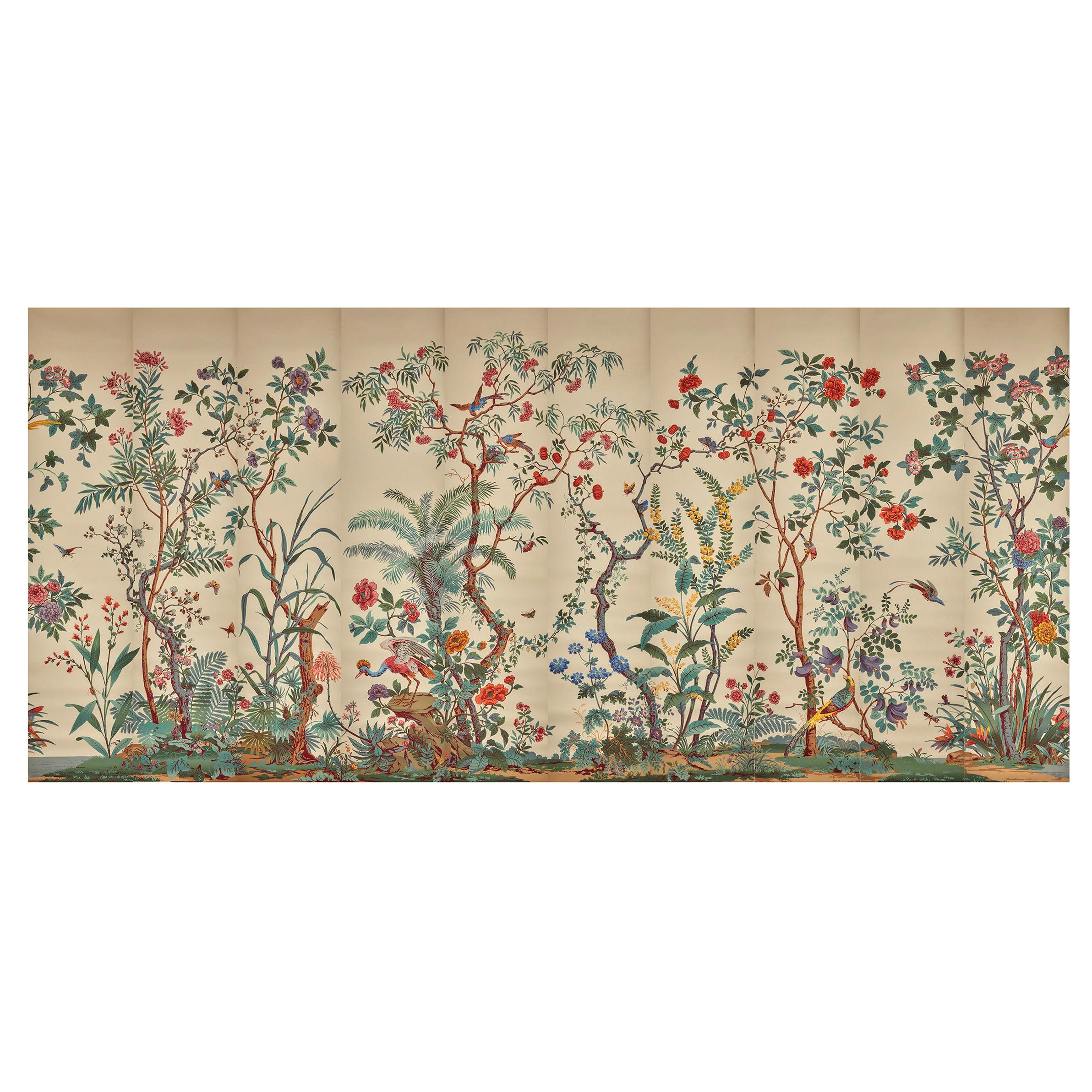 Zuber, 'Decor Chinois' Hand Wood Block Scenic Wall Paper Red Line Color Way For Sale
