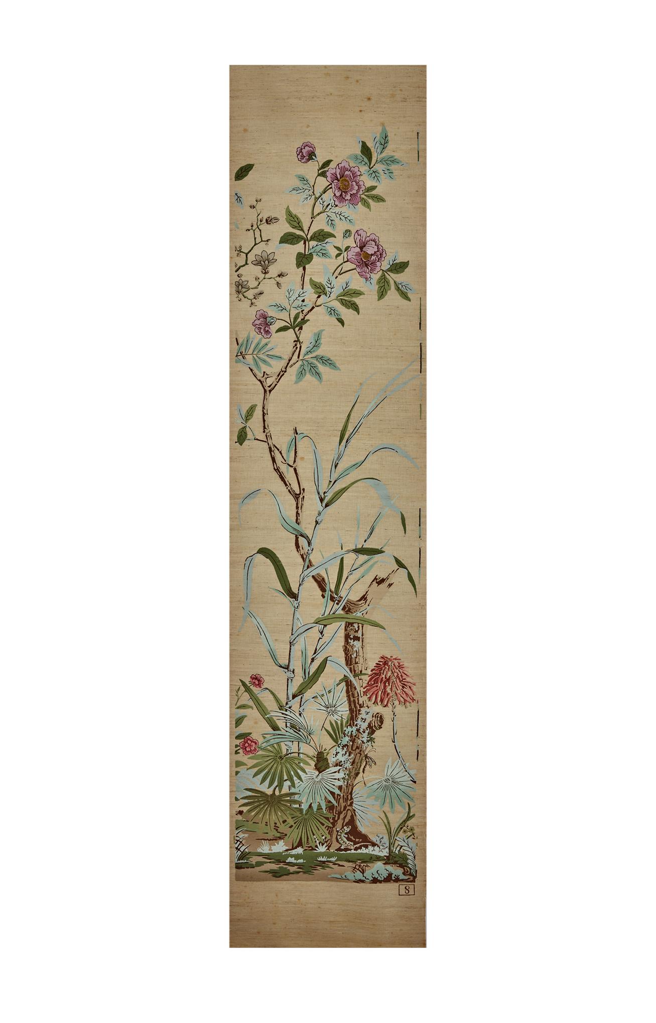 French Zuber, 'Decor Chinois' Hand Wood Blocked on Grasscloth Scenic Wallpaper For Sale