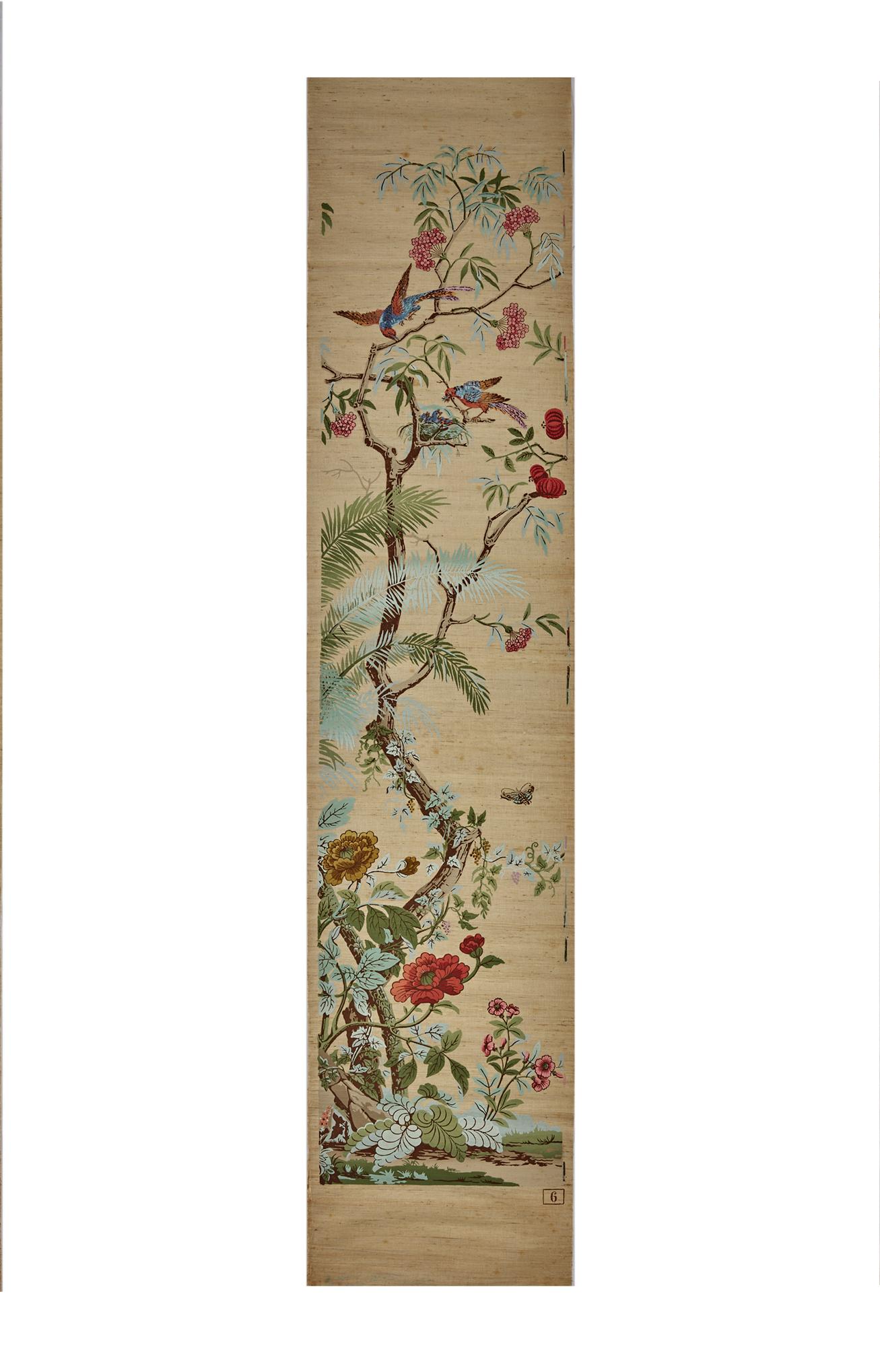 19th Century Zuber, 'Decor Chinois' Hand Wood Blocked on Grasscloth Scenic Wallpaper For Sale