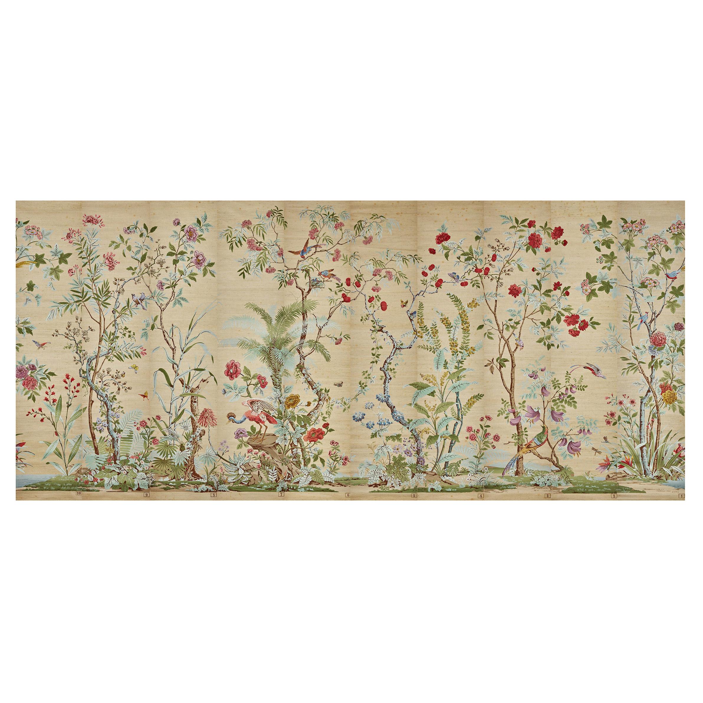 Zuber, 'Decor Chinois' Hand Wood Blocked on Grasscloth Scenic Wallpaper For Sale