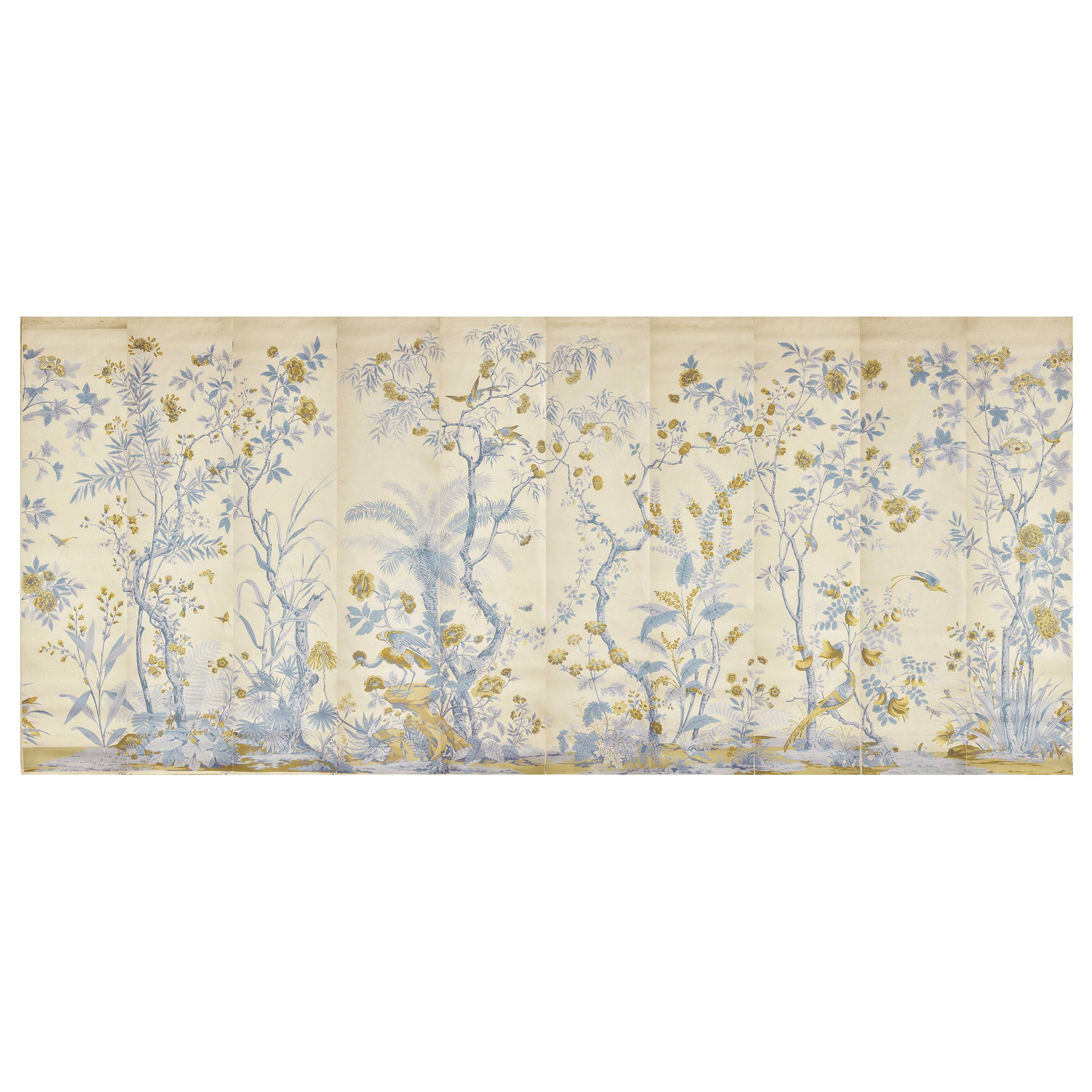 Zuber, 'Decor Chinois' Hand Wood Blocked Scenic Wall Paper in Cornflake Blue For Sale