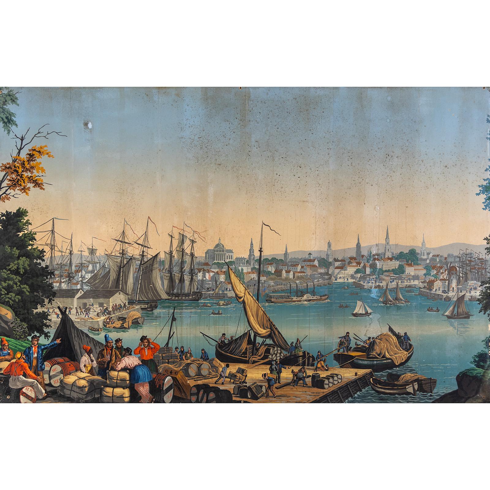 Large block-printed wallpaper with an idyllic, idealistic harbor scene of Boston. The motif comes from the 