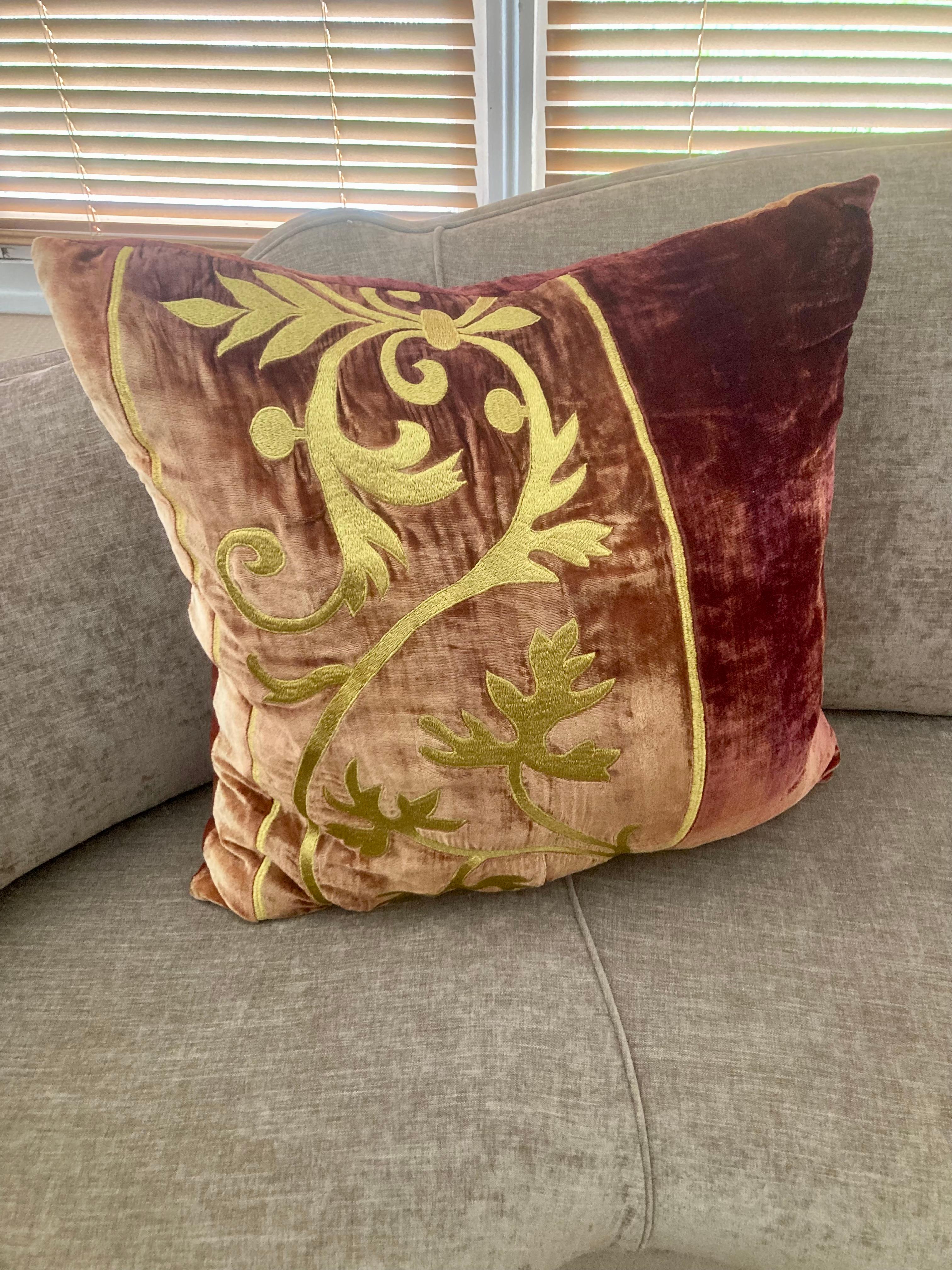 Zuber Gold Embroidery on Aged Red Velvet Down Pillow #1 For Sale 5
