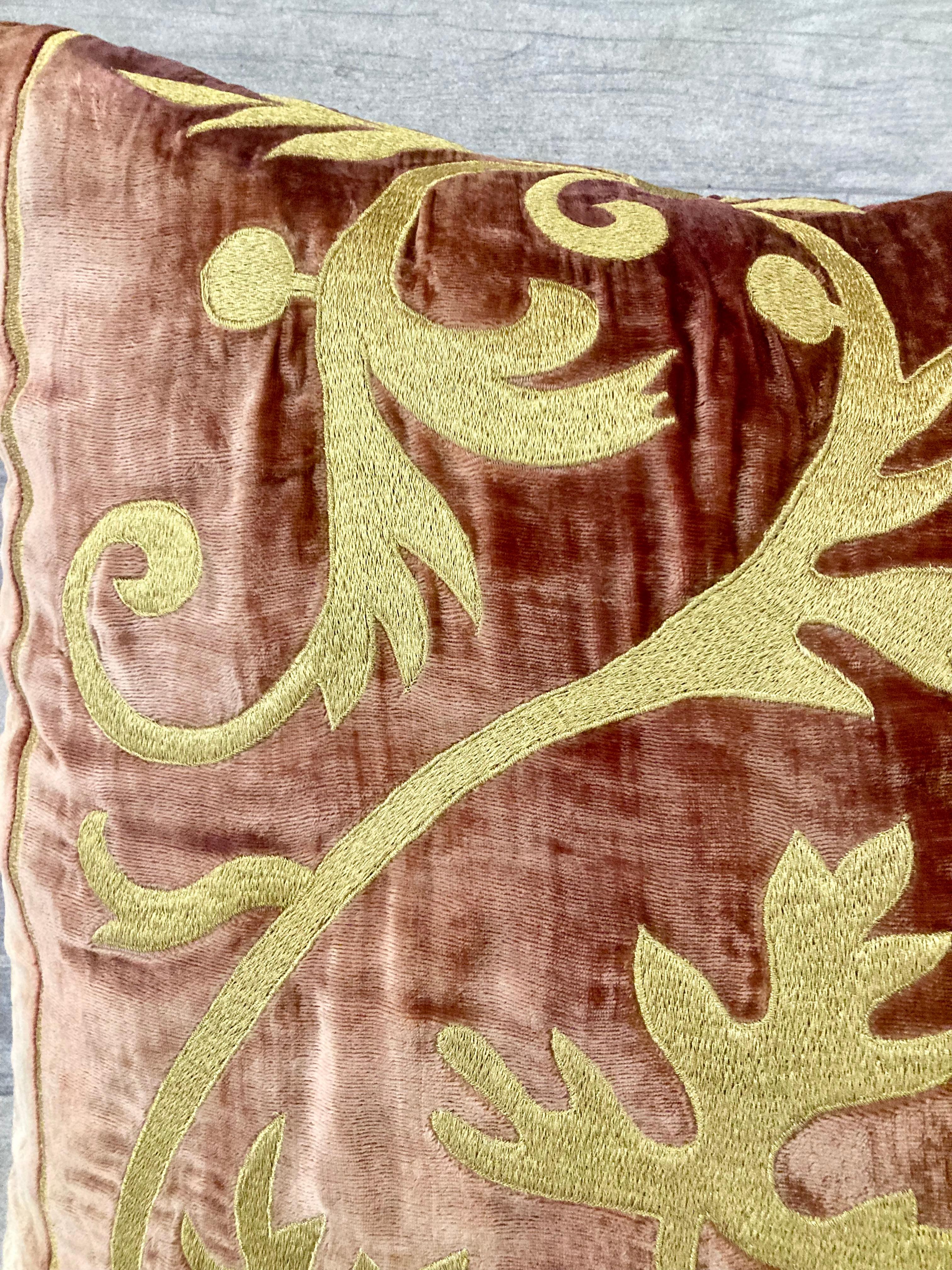 French Provincial Zuber Gold Embroidery on Aged Red Velvet Down Pillow #1 For Sale