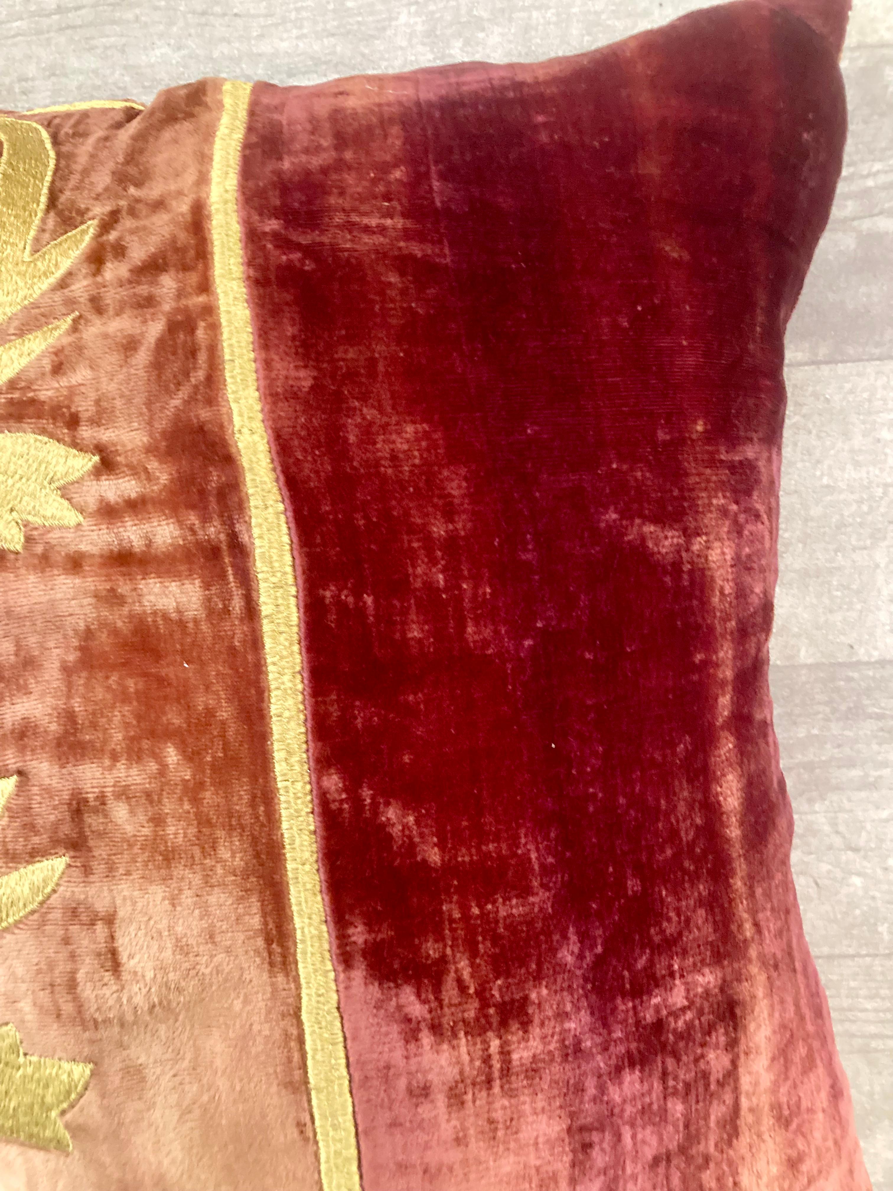 French Zuber Gold Embroidery on Aged Red Velvet Down Pillow #1 For Sale