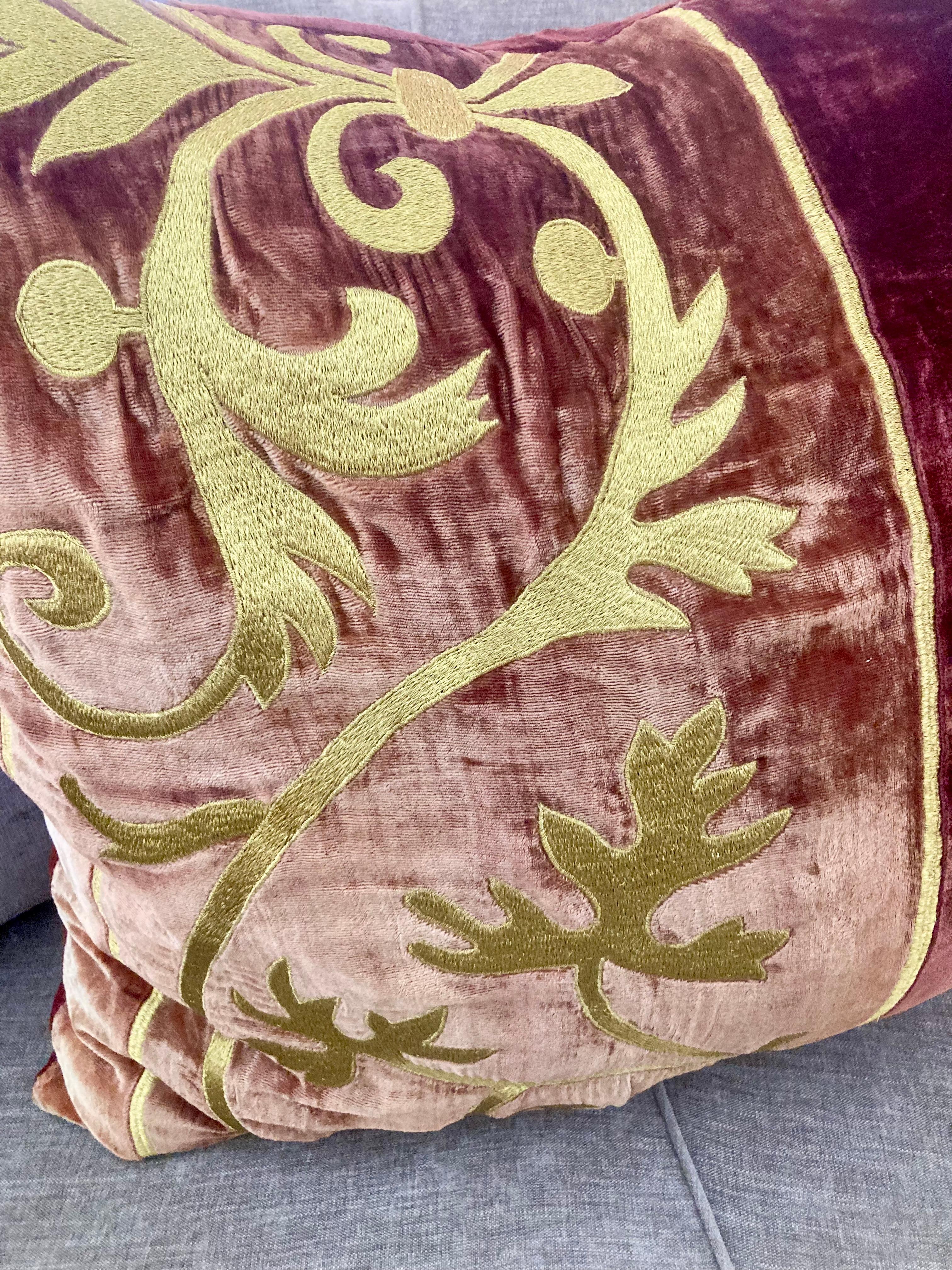 Late 20th Century Zuber Gold Embroidery on Aged Red Velvet Down Pillow #1 For Sale