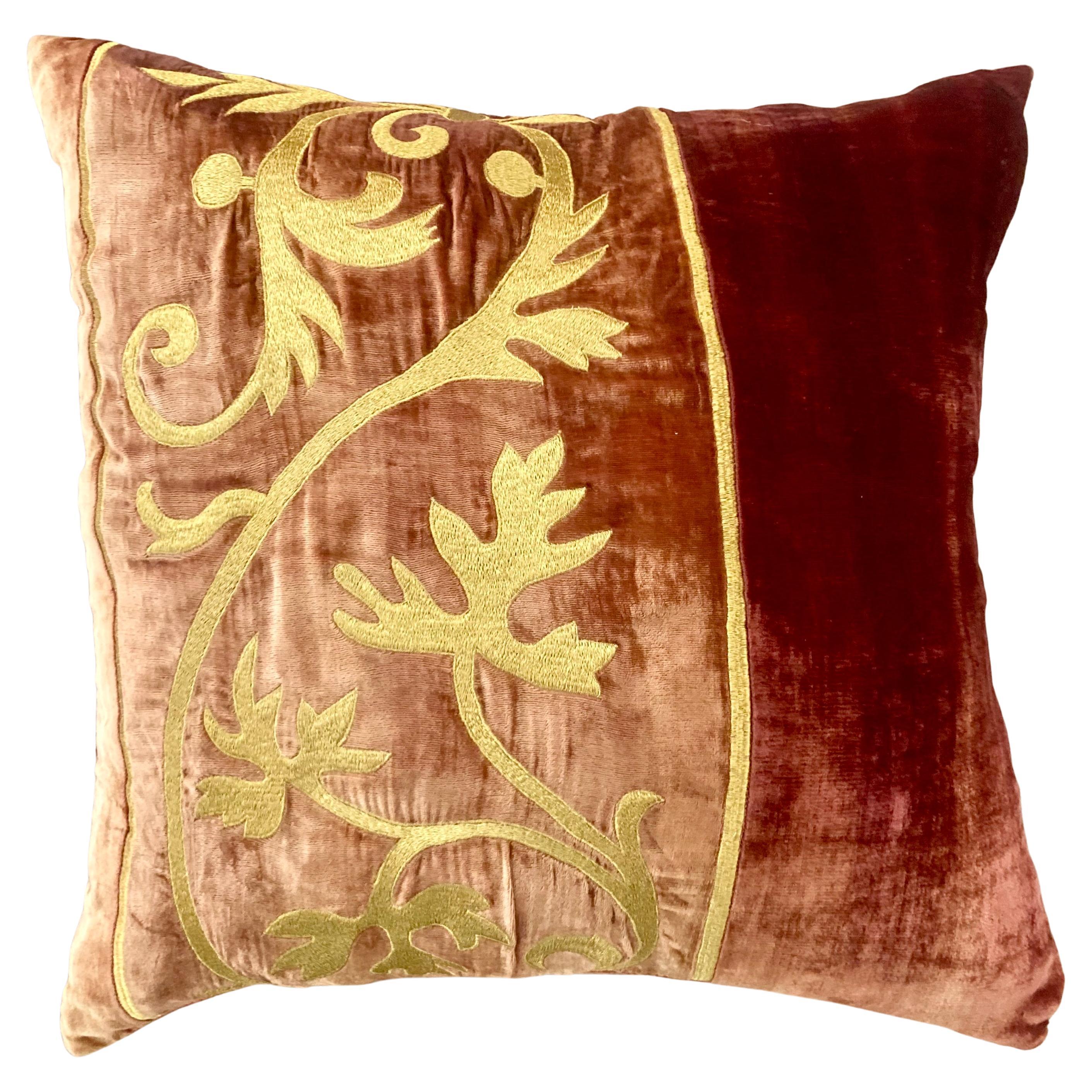 Zuber Gold Embroidery on Aged Red Velvet Down Pillow #1