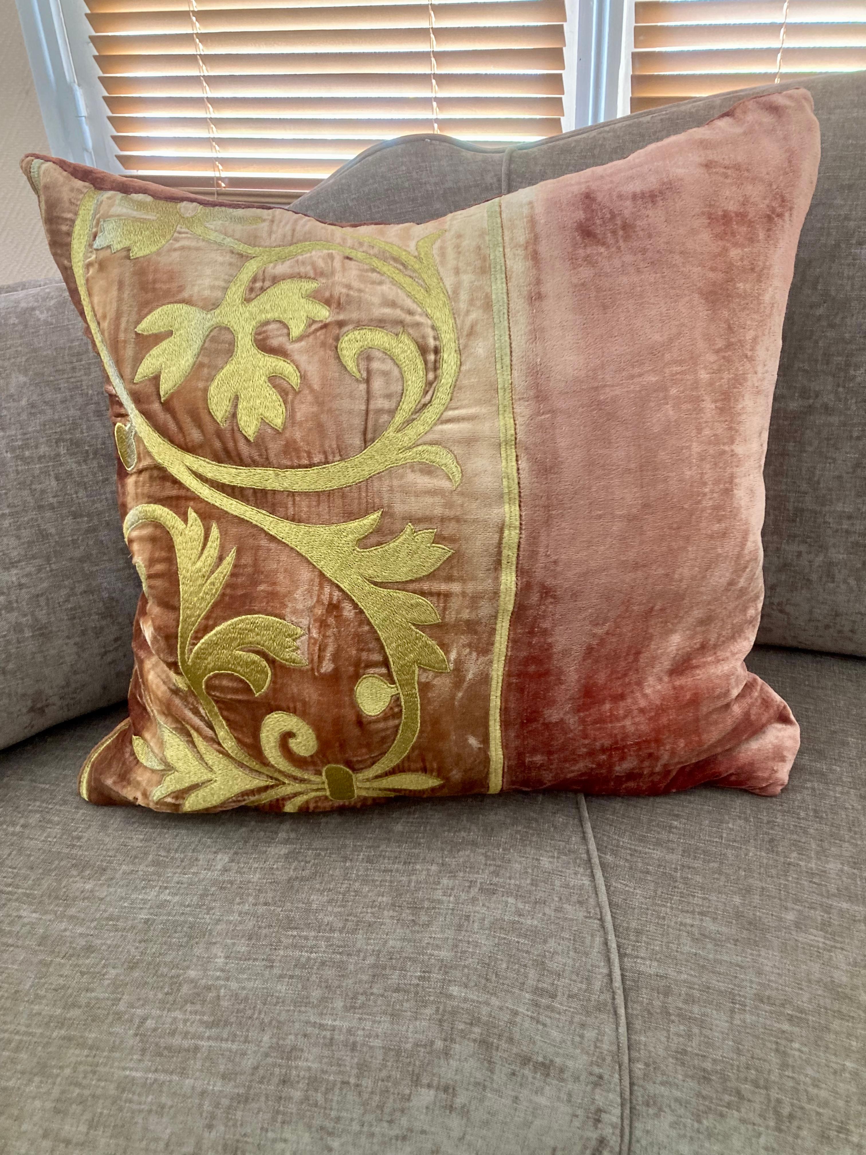Zuber Gold Embroidery on Aged Red Velvet Down Pillow #2 For Sale 5
