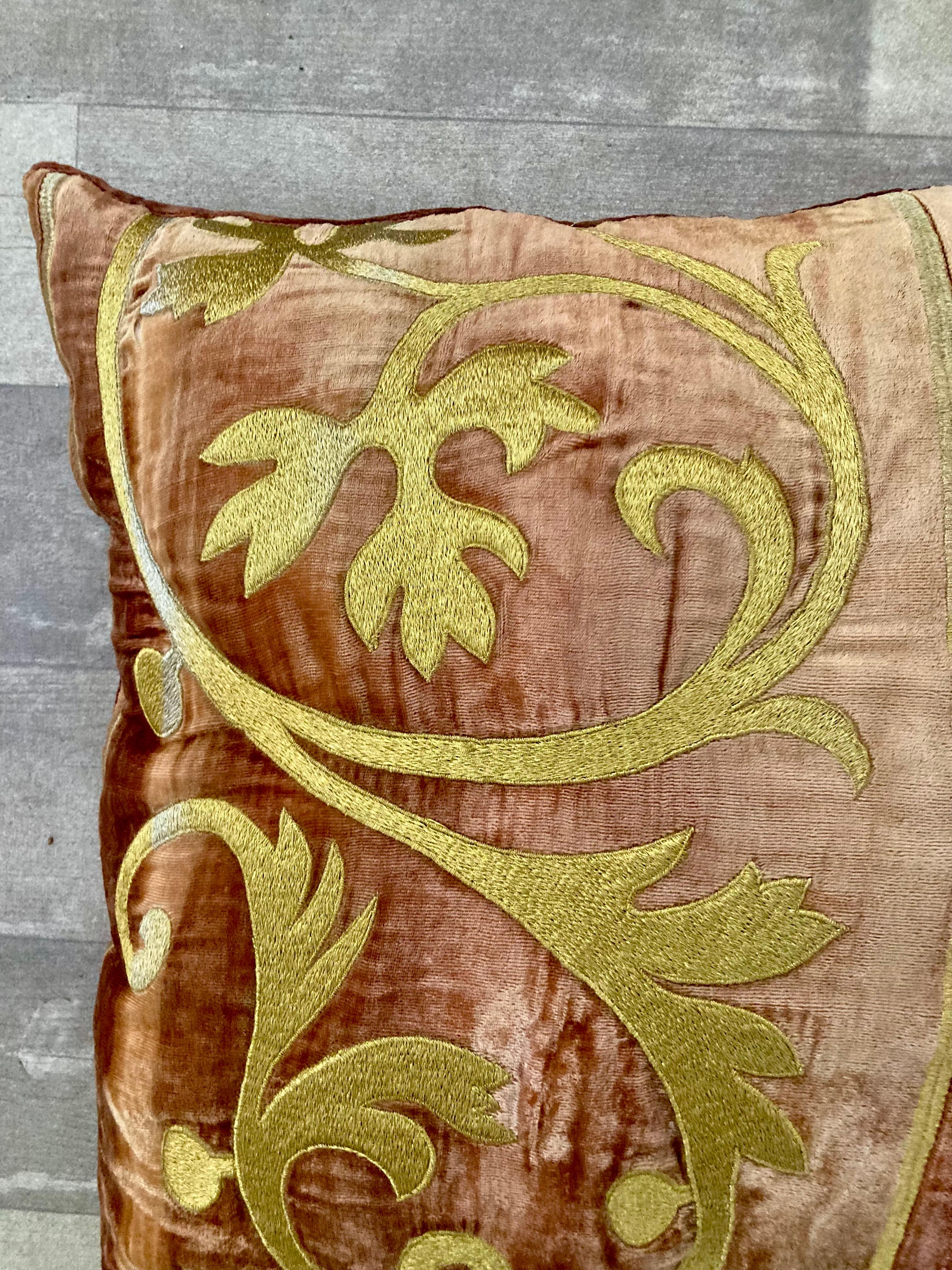 French Provincial Zuber Gold Embroidery on Aged Red Velvet Down Pillow #2 For Sale