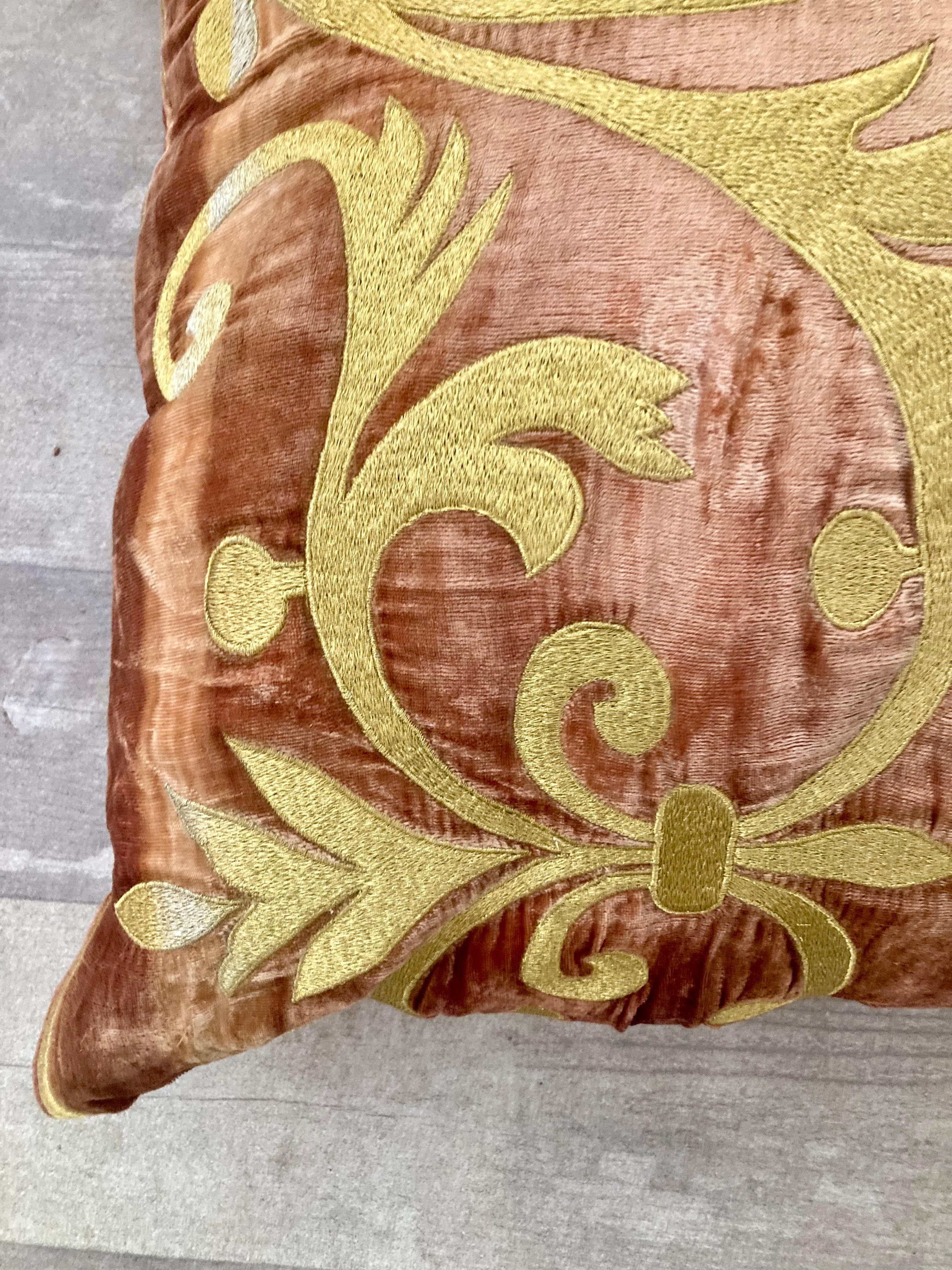 Late 20th Century Zuber Gold Embroidery on Aged Red Velvet Down Pillow #2 For Sale