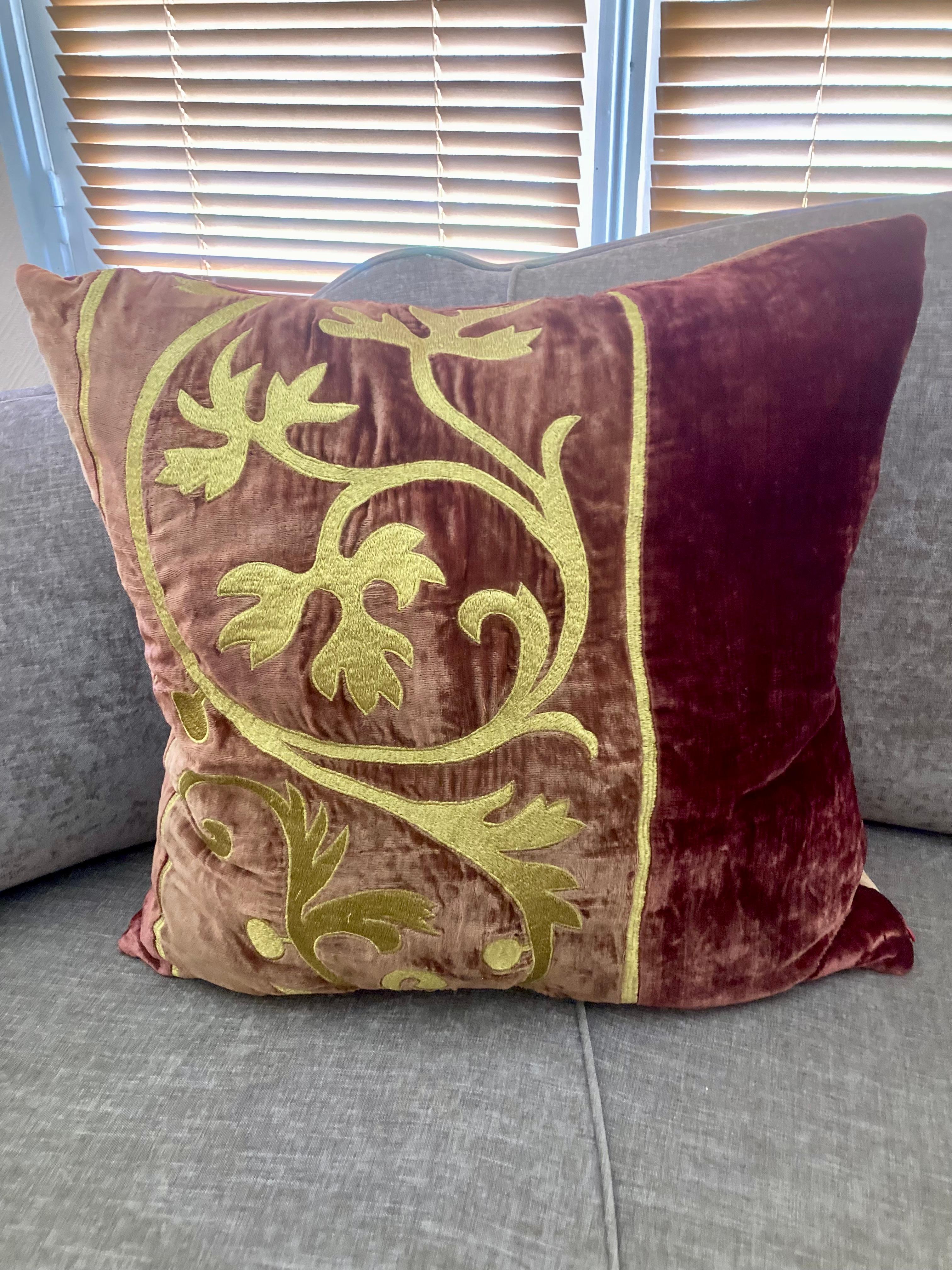 Zuber Gold Embroidery on Aged Red Velvet Down Pillow #4 For Sale 5