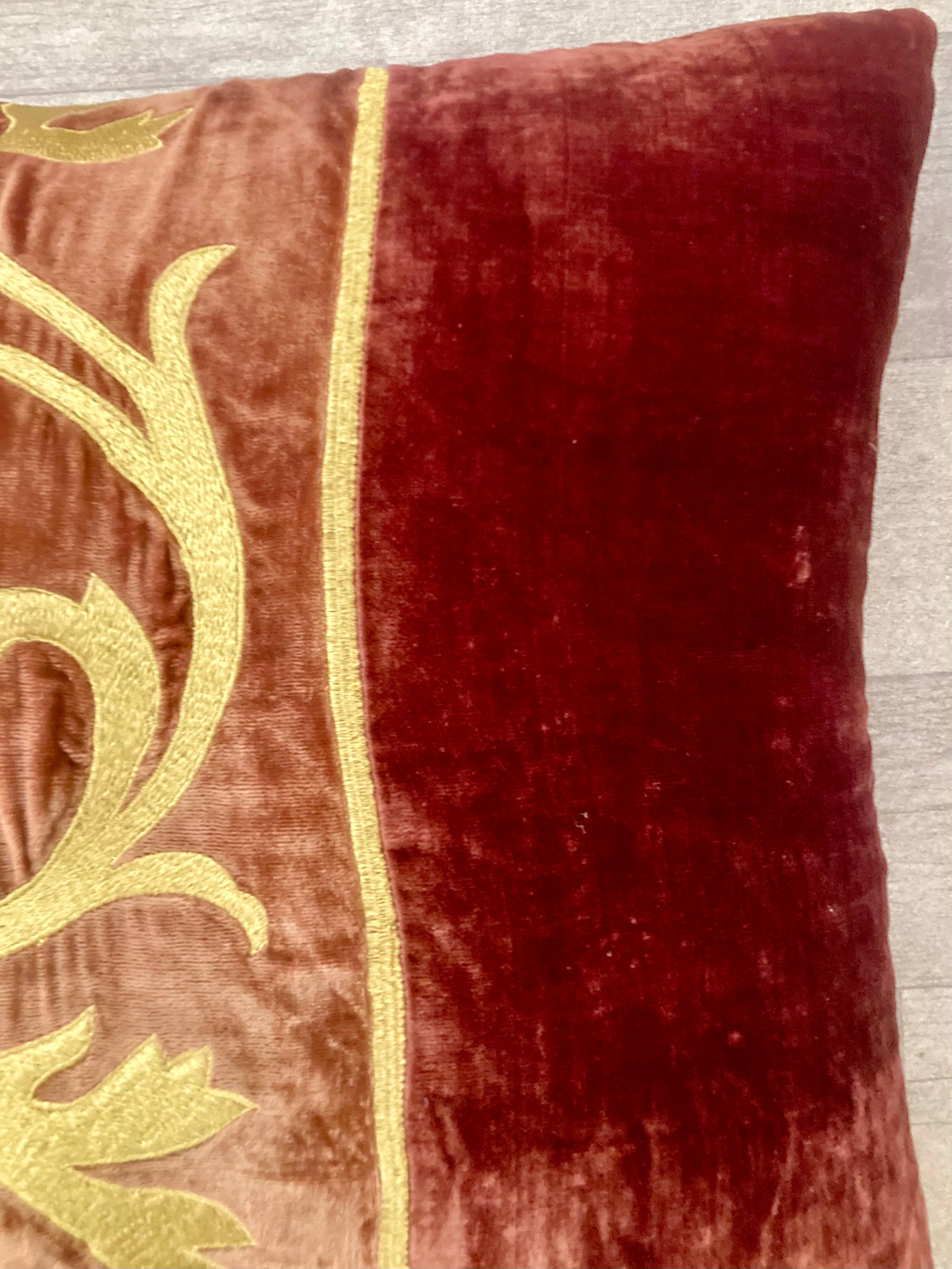 French Zuber Gold Embroidery on Aged Red Velvet Down Pillow #4 For Sale