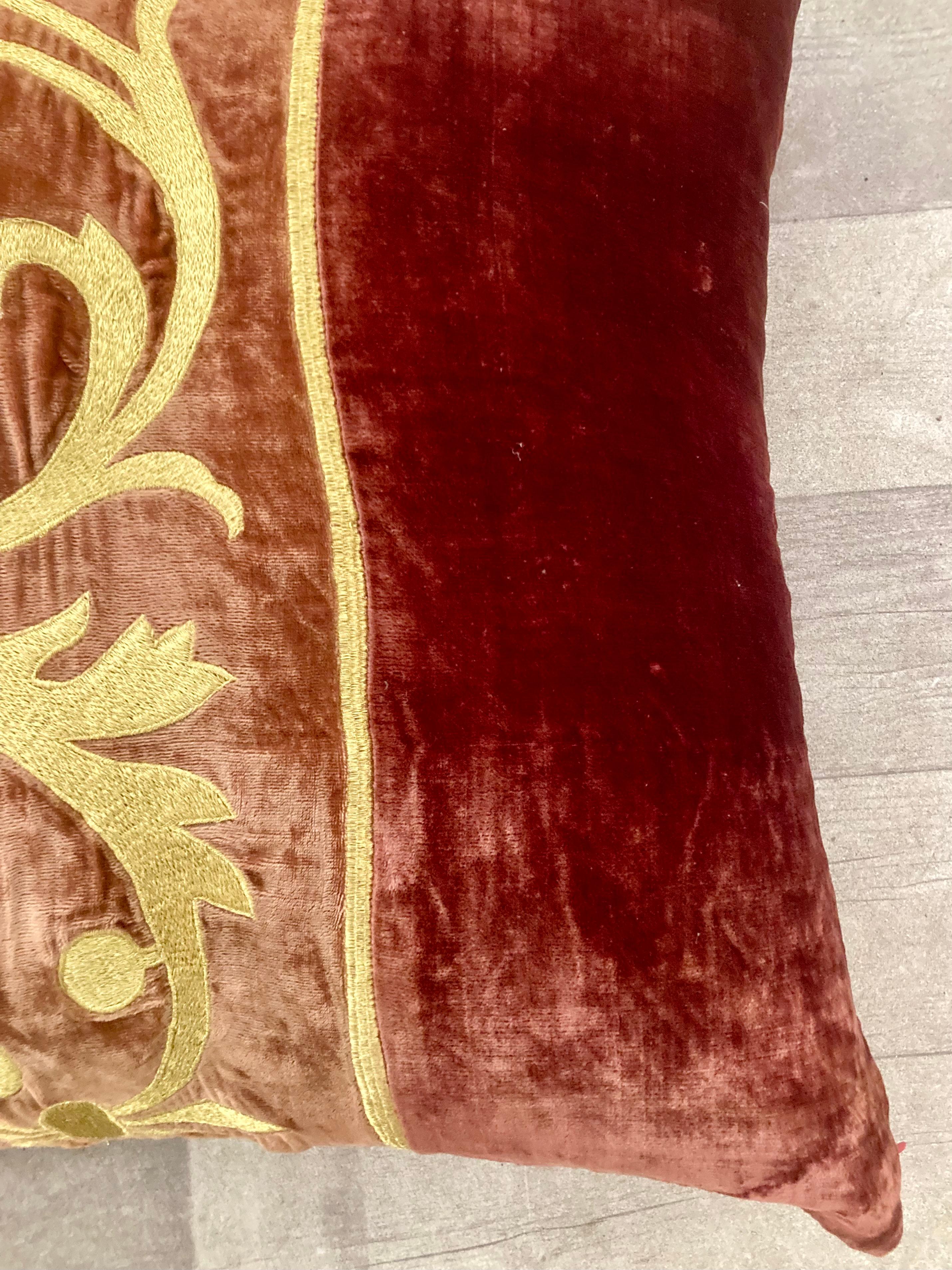 Zuber Gold Embroidery on Aged Red Velvet Down Pillow #4 In Good Condition For Sale In Los Angeles, CA