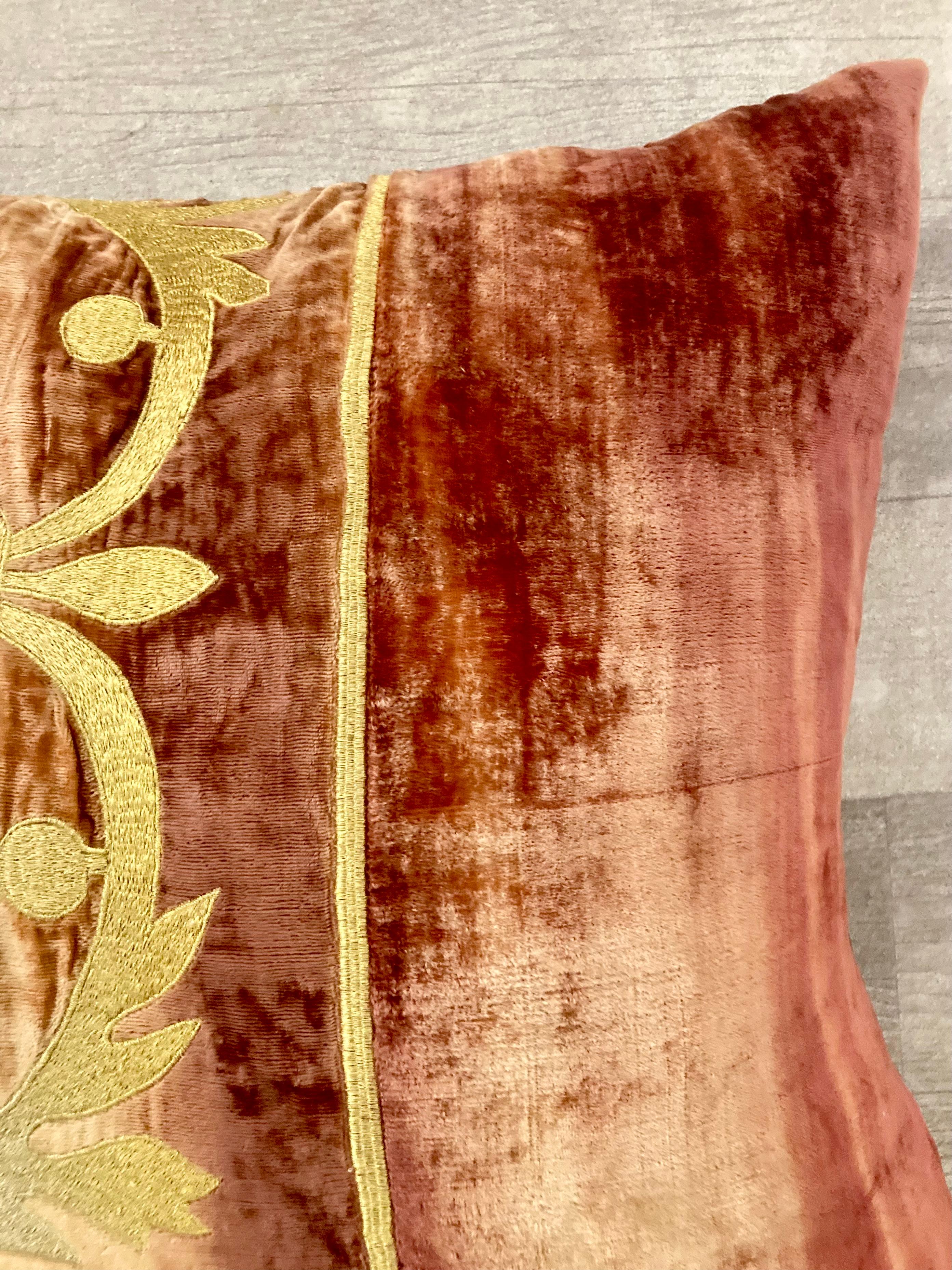 French Zuber Gold Embroidery on Aged Red Velvet Down Pillow #5 For Sale