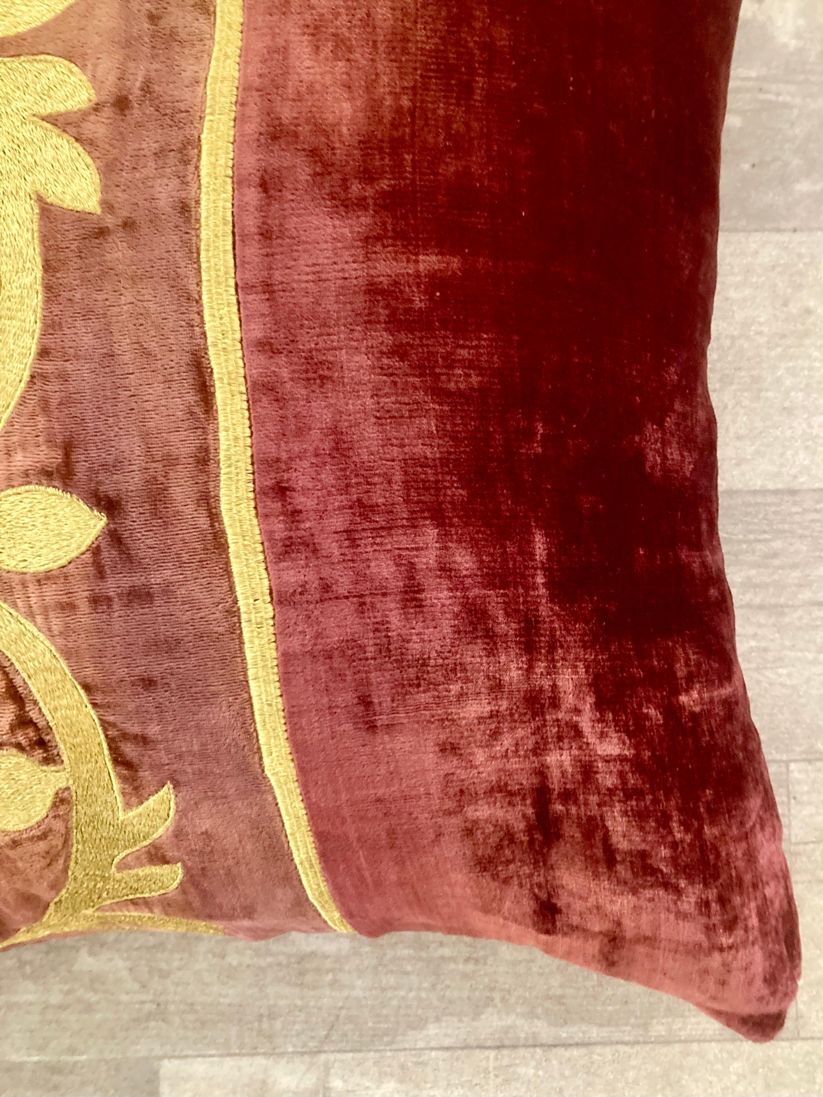 Zuber Gold Embroidery on Aged Red Velvet Down Toss Pillow #3 In Good Condition For Sale In Los Angeles, CA
