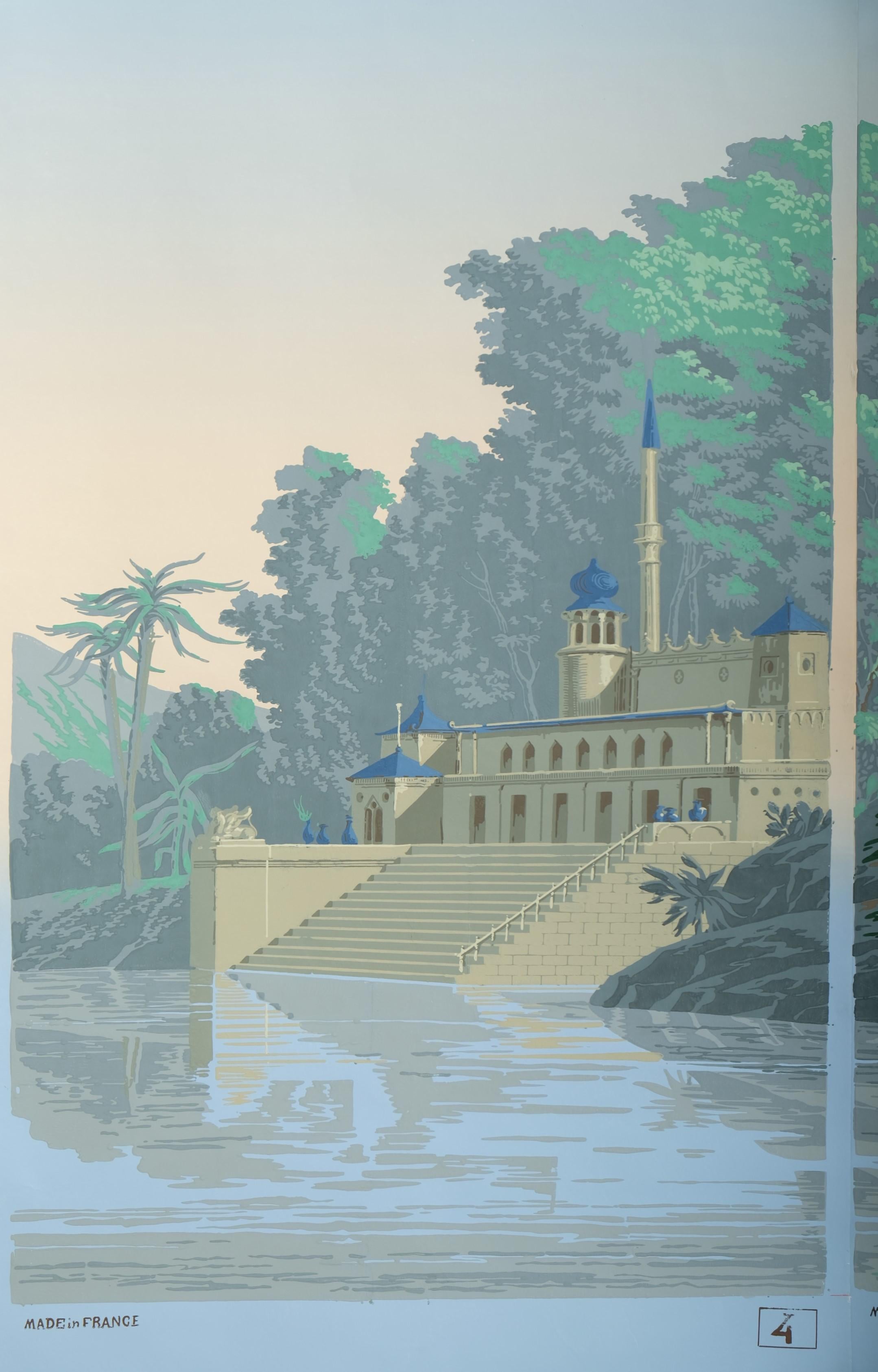 Atemberaubende Zuber Panoramatapete Hindustan Woodcut Print Panels 1 bis 4, Frankreich 1970er Jahre.

Das Bild besteht aus vier Paneelen mit den Nummern 1 bis 4 der Hindustan-Panoramatapete, die aus insgesamt 20 Paneelen besteht.

Die Panoramatapete