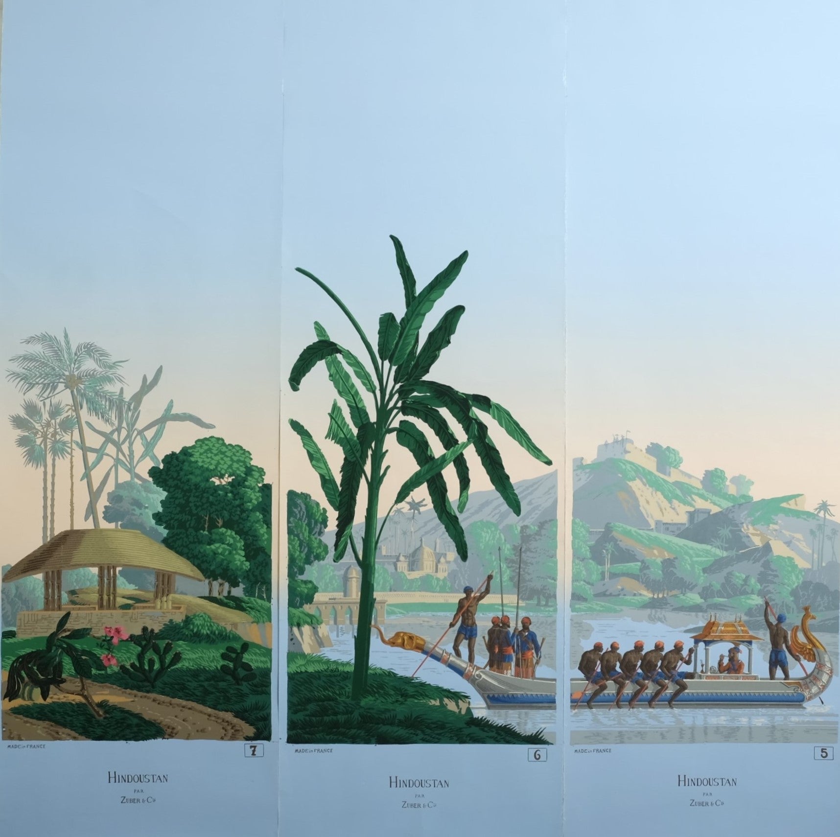 Zuber Panoramic Wallpaper Hindustan Woodcut Print Panels 5 to 7, France For Sale