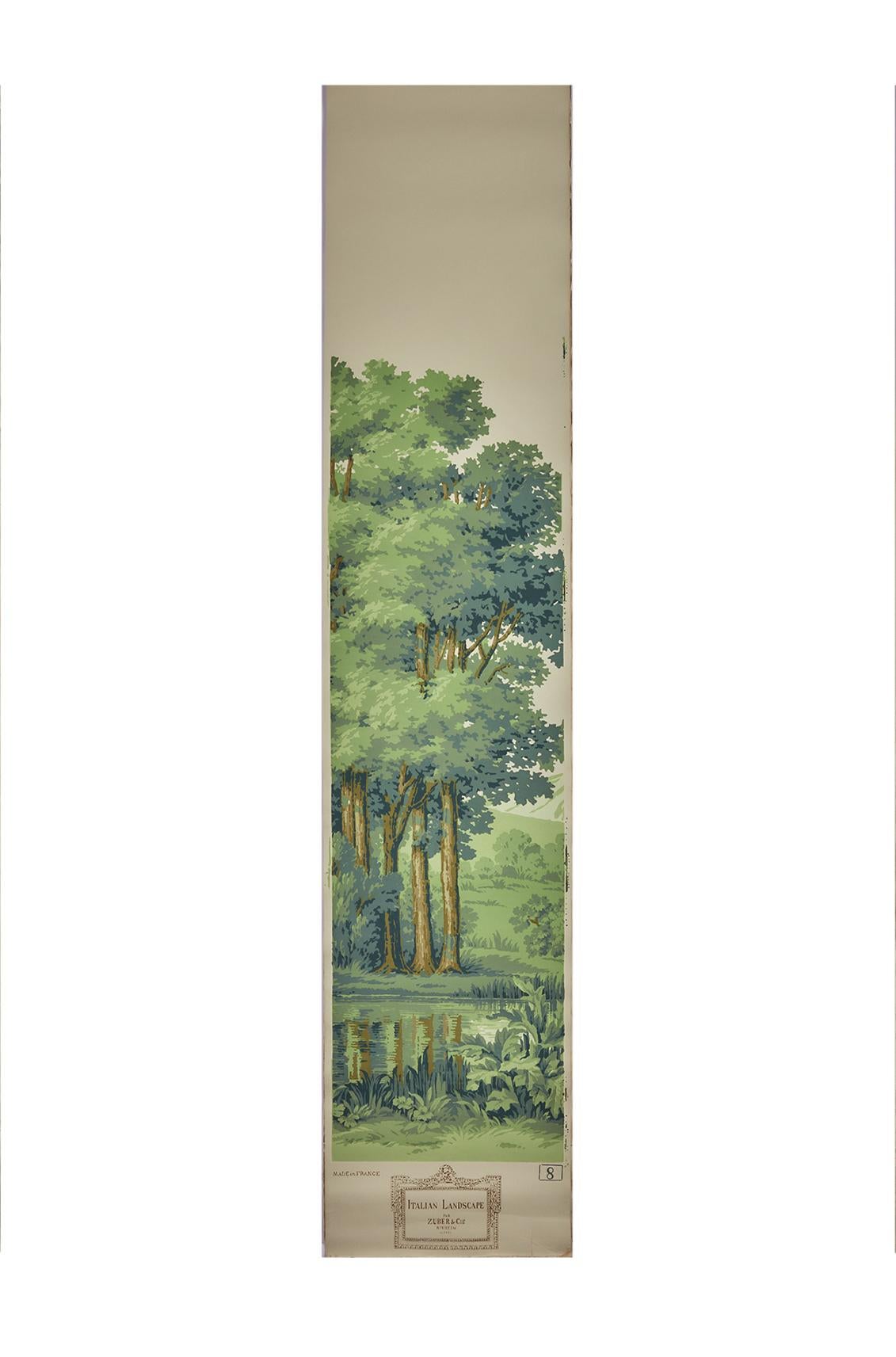 Zuber, Paysage Italian' Hand Wood Blocked Scenic Wall Paper in Green For Sale 5