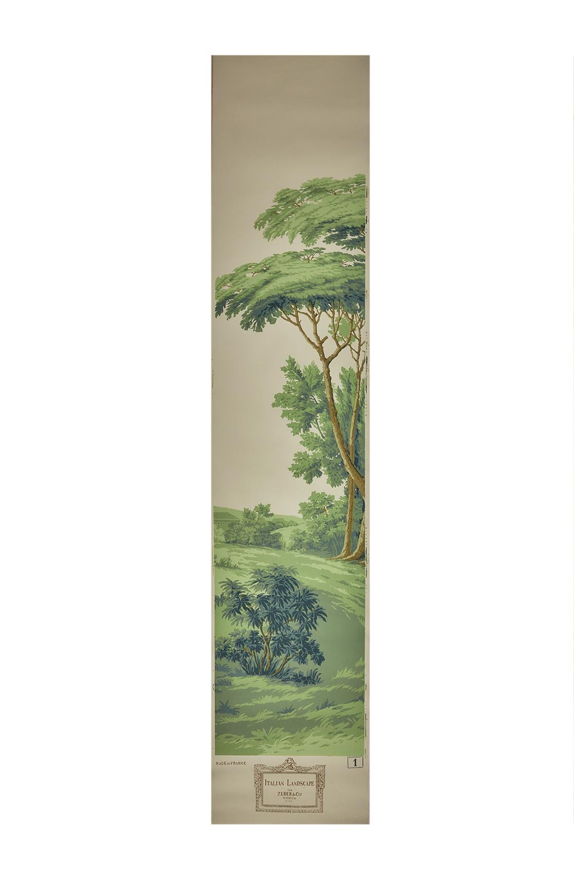 French Zuber, Paysage Italian' Hand Wood Blocked Scenic Wall Paper in Green For Sale