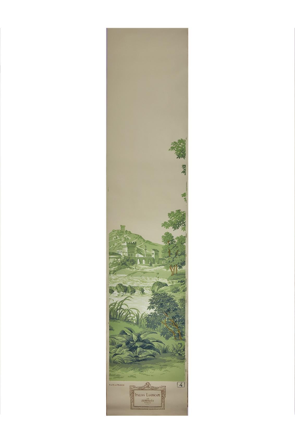 Zuber, Paysage Italian' Hand Wood Blocked Scenic Wall Paper in Green For Sale 1