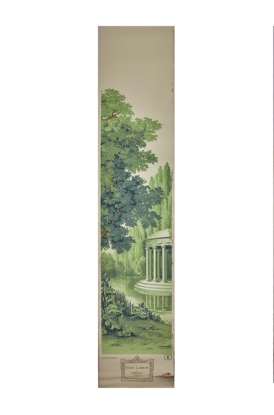 Zuber, Paysage Italian' Hand Wood Blocked Scenic Wall Paper in Green For Sale 3