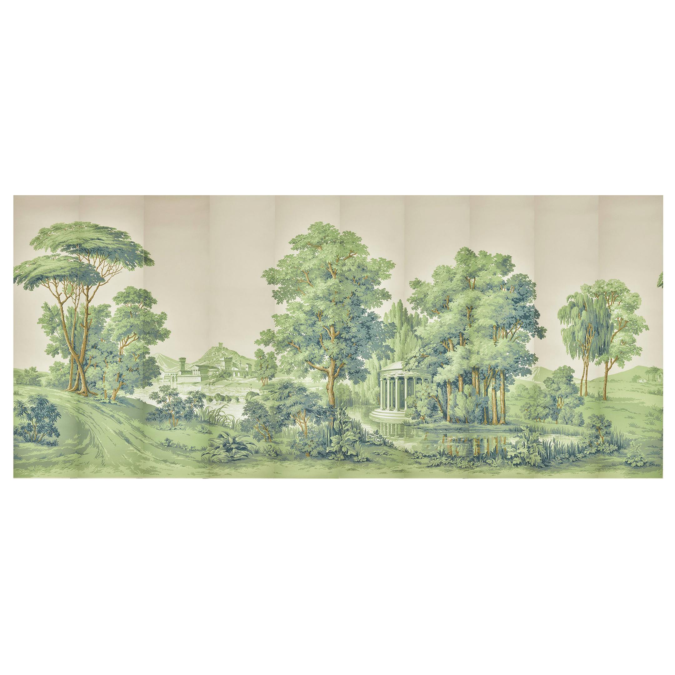 Zuber, Paysage Italian' Hand Wood Blocked Scenic Wall Paper in Green For Sale