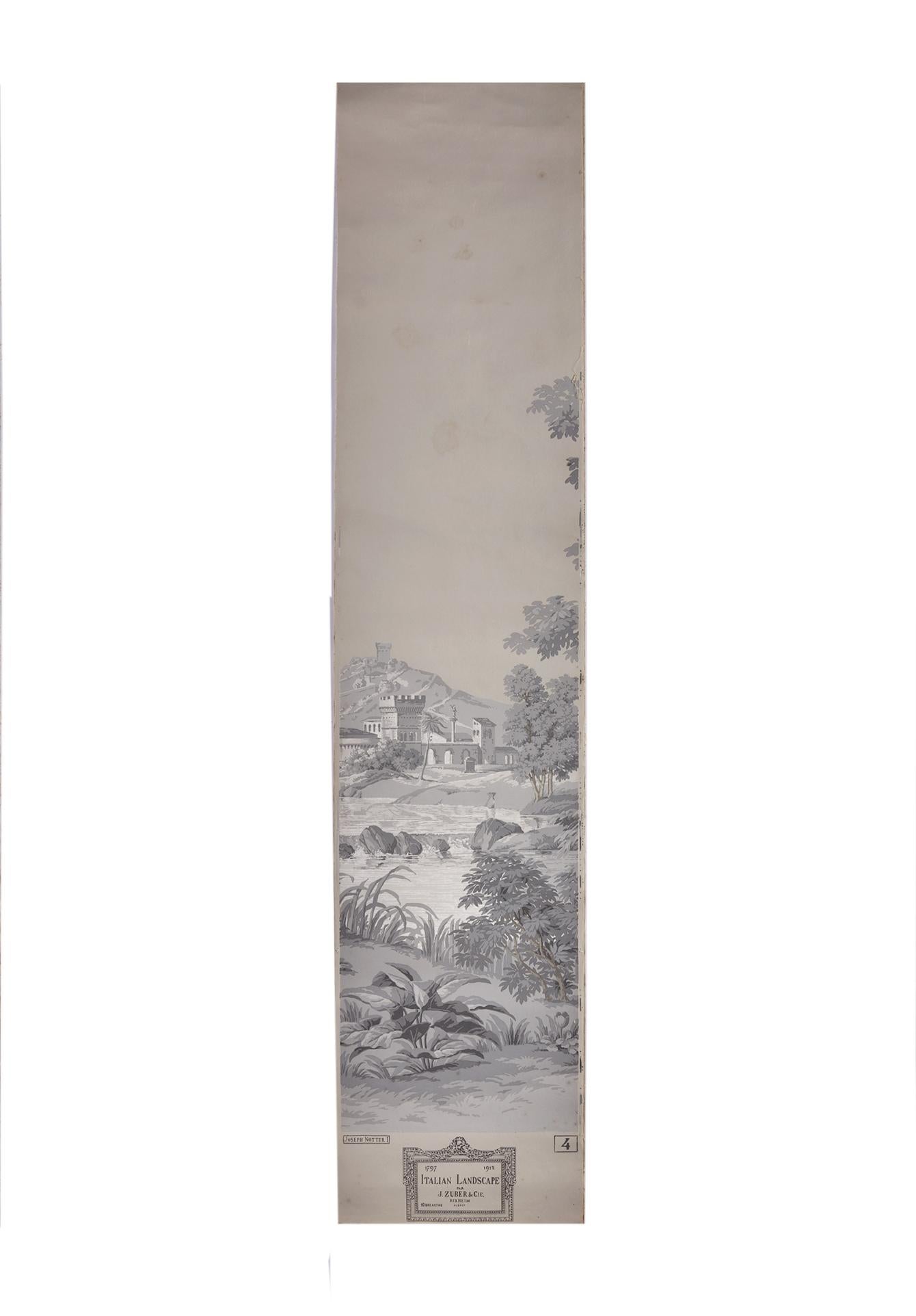 20th Century Zuber, 'Paysage Italian' Hand Wood Blocked with 1793-1913 Printer's Stamp For Sale