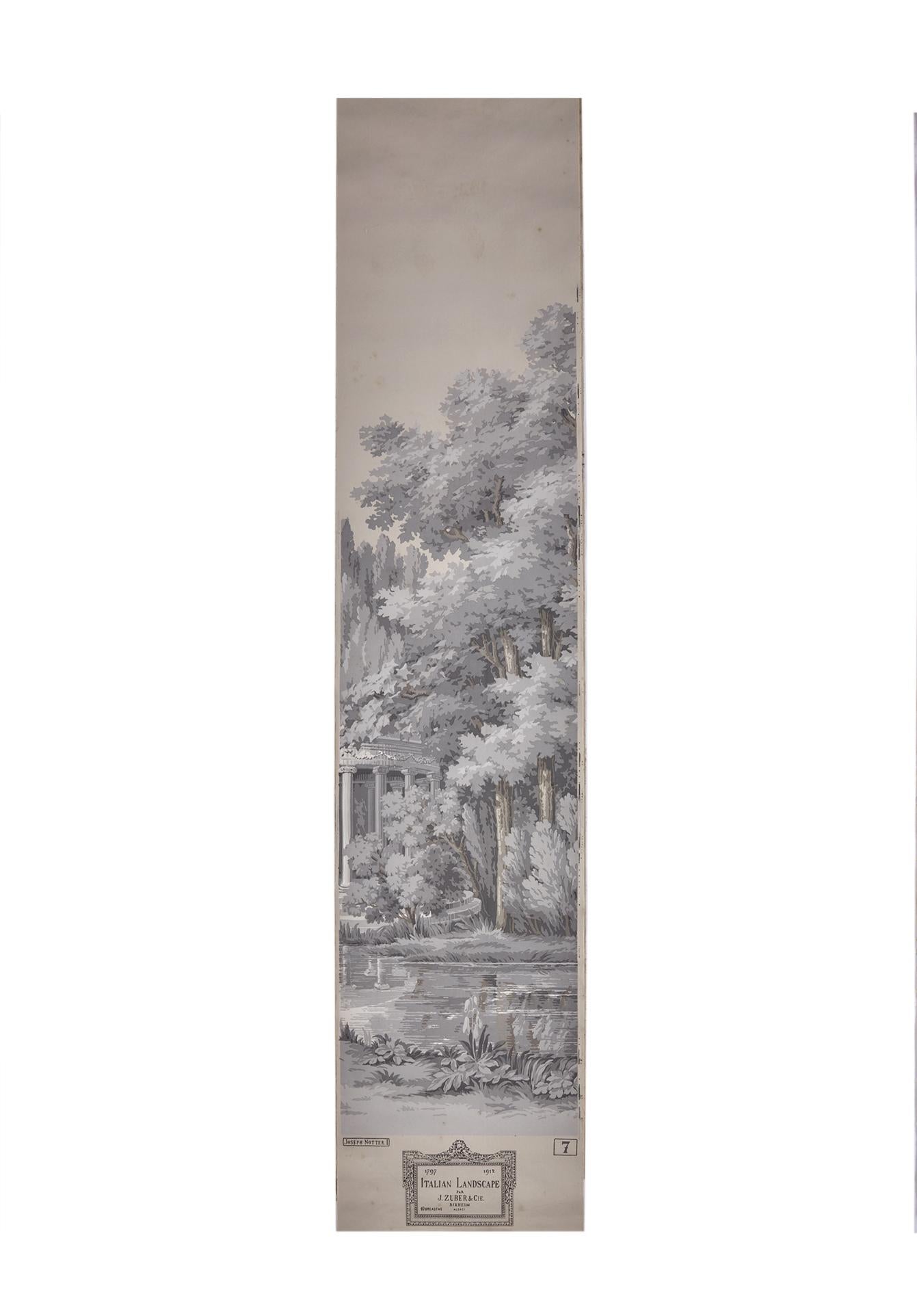 Zuber, 'Paysage Italian' Hand Wood Blocked with 1793-1913 Printer's Stamp For Sale 2