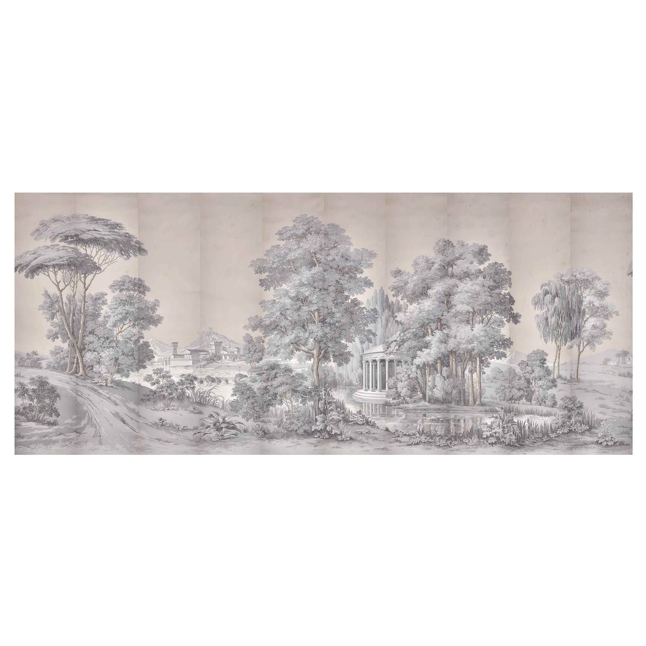 Zuber, 'Paysage Italian' Hand Wood Blocked with 1793-1913 Printer's Stamp For Sale