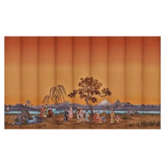 Vintage Zuber, 'Scenes Japonaises' Hand Wood Blocked Scenic Wall Paper in Orange Degrade