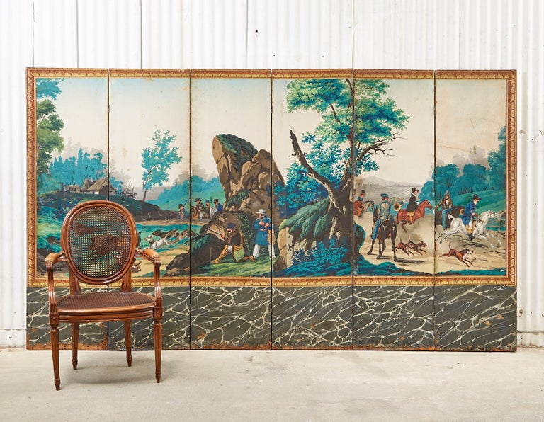 Magnificent 19th century six panel wallpaper screen by Zuber and Cie. The screen features six hand blocked wallpaper panels from 