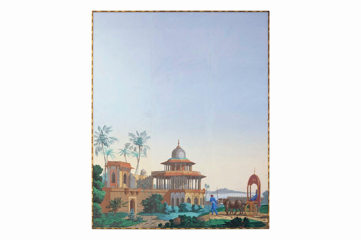 Two wallpaper panels realized by the French Zuber manufacture parts of the panoramic decor “The Hindoustan”. We can see Indian style buildings and characters.
On one strip, there is one islamic style architecture temple and on the other one a