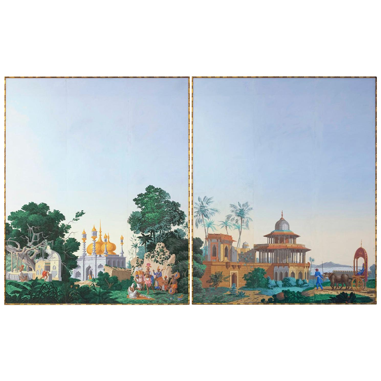 Zuber, The Hindoustan, Two Large Framed Wallpaper Panels, circa 1970