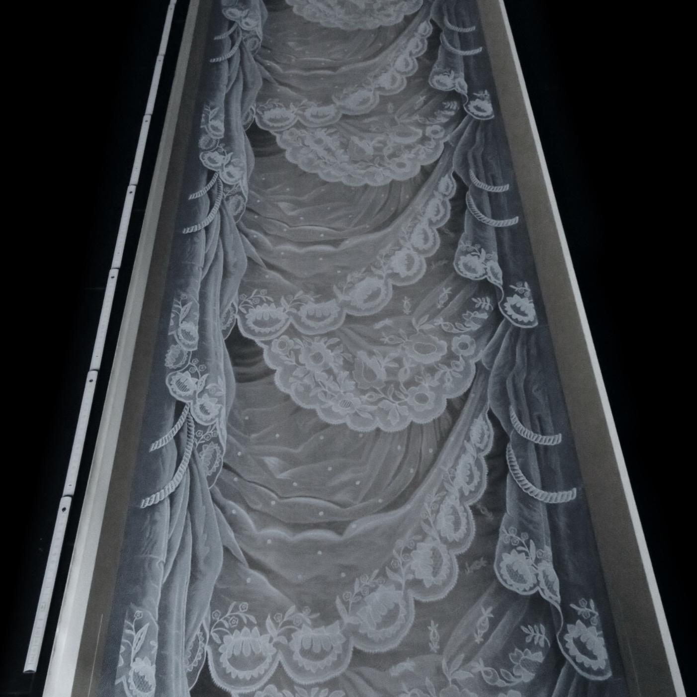 Zuber Tulle I Cantilene Fond Gris Handdrucktapete, Trompe L'Oeile, Frankreich (Französisch) im Angebot