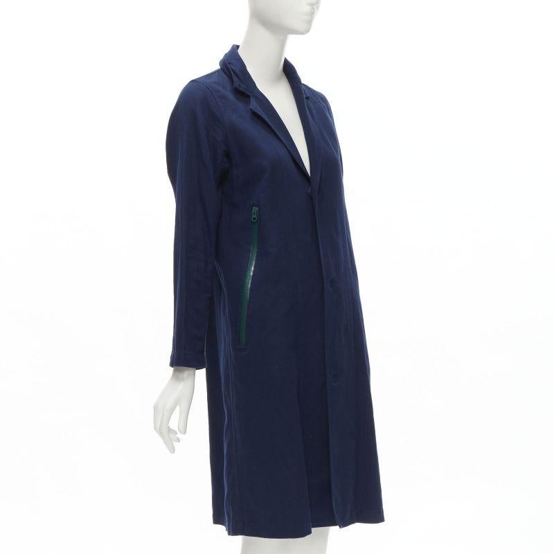 ZUCCA navy blue cotton linen green zipper over coat S In Excellent Condition For Sale In Hong Kong, NT
