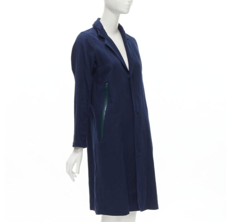 ZUCCA navy blue cotton linen green zipper over coat S In Excellent Condition For Sale In Hong Kong, NT