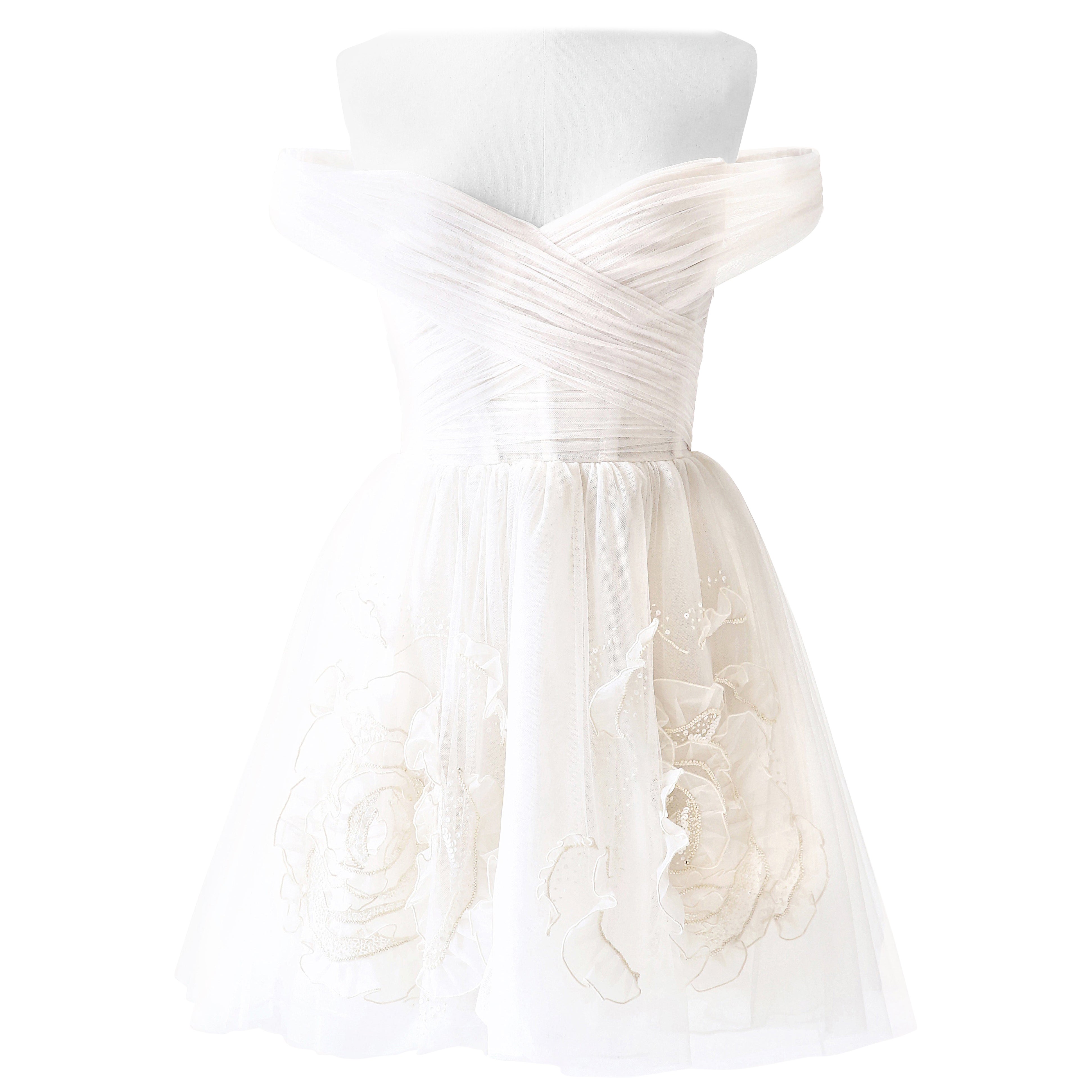Zuhair Murad 2023 Mini-robe de mariage en tulle de soie blanc ivoire à corset fleuri et perlé