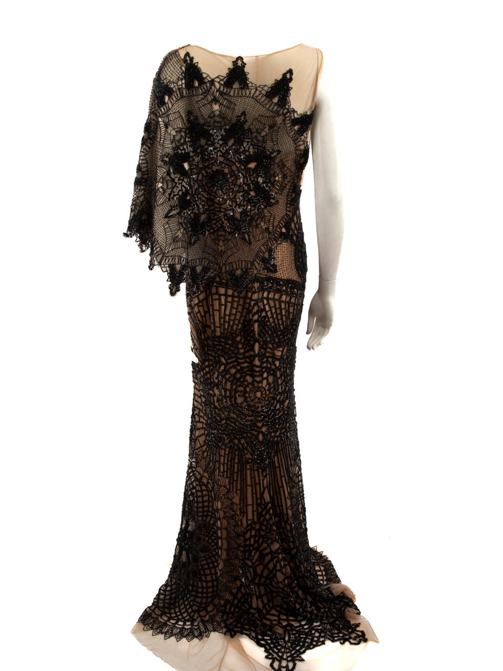 Zuhair Murad Beige & Black Embellished Tulle Gown Size XL In Good Condition In London, GB