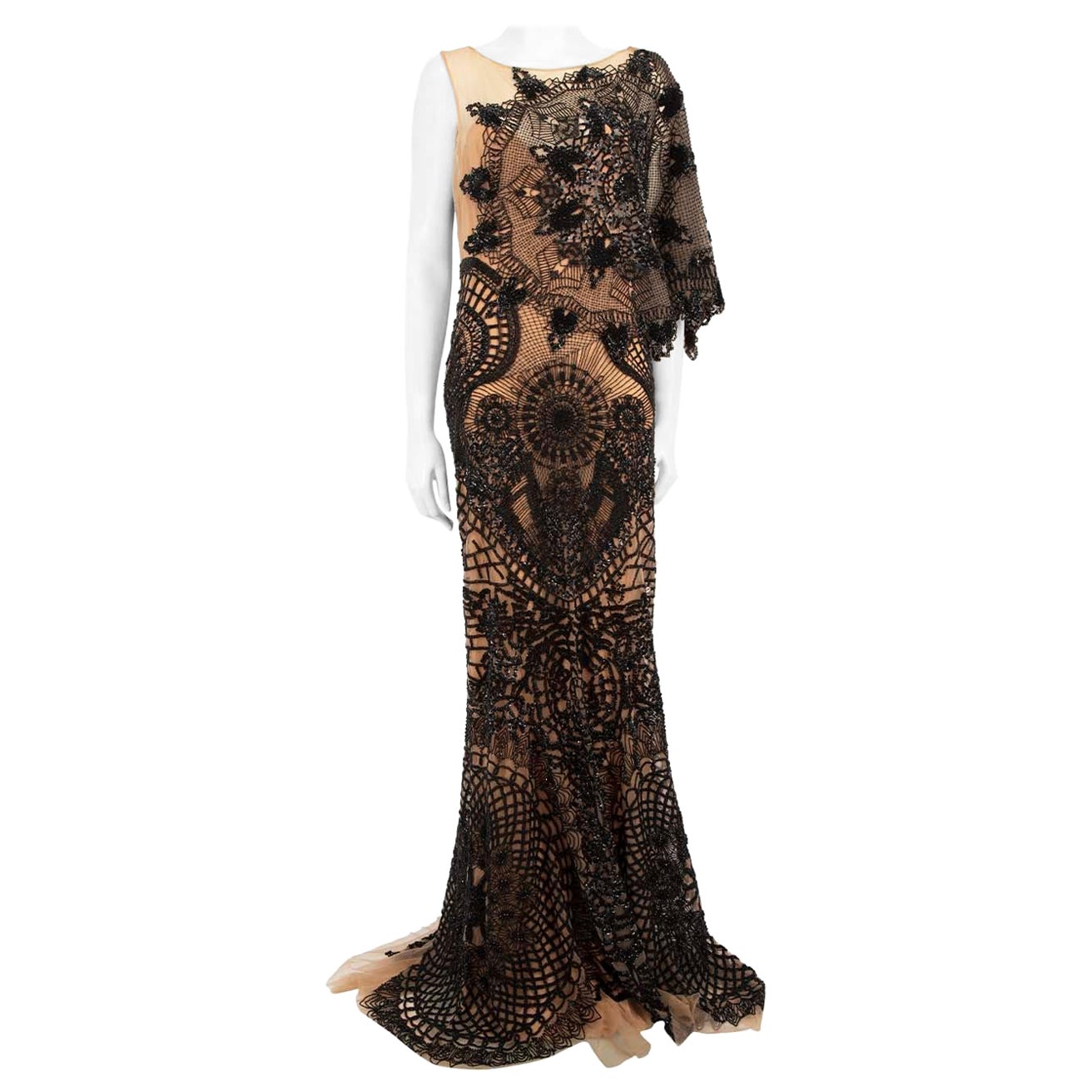Zuhair Murad Beige 
Black Embellished Tulle Gown Size XL
