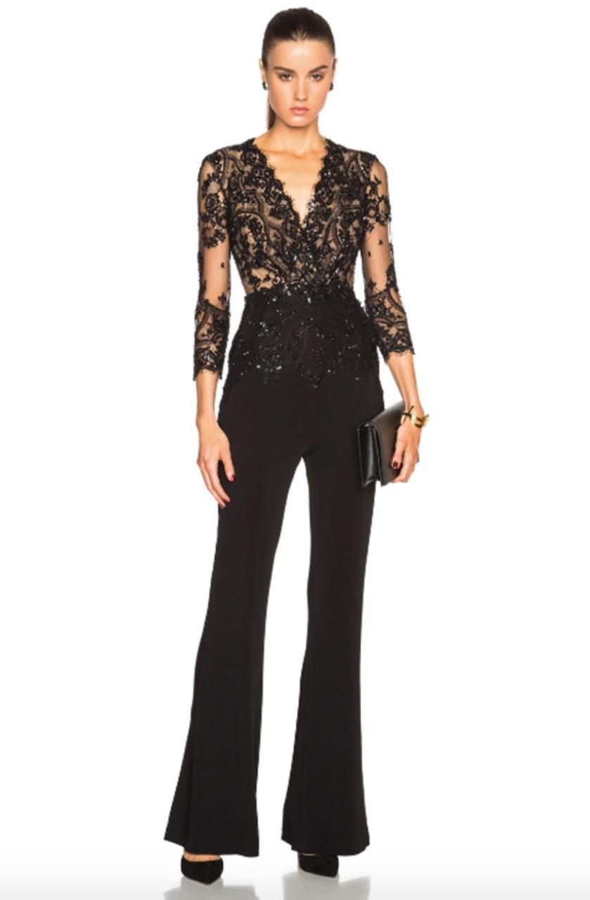 The Zuhair Murad black lace embellished jumpsuit is perfect for any formal event, making a bold yet sophisticated statement with its sheer lace bodice decorated with embellishments. It's no wonder this piece is the choice of fashionistas and