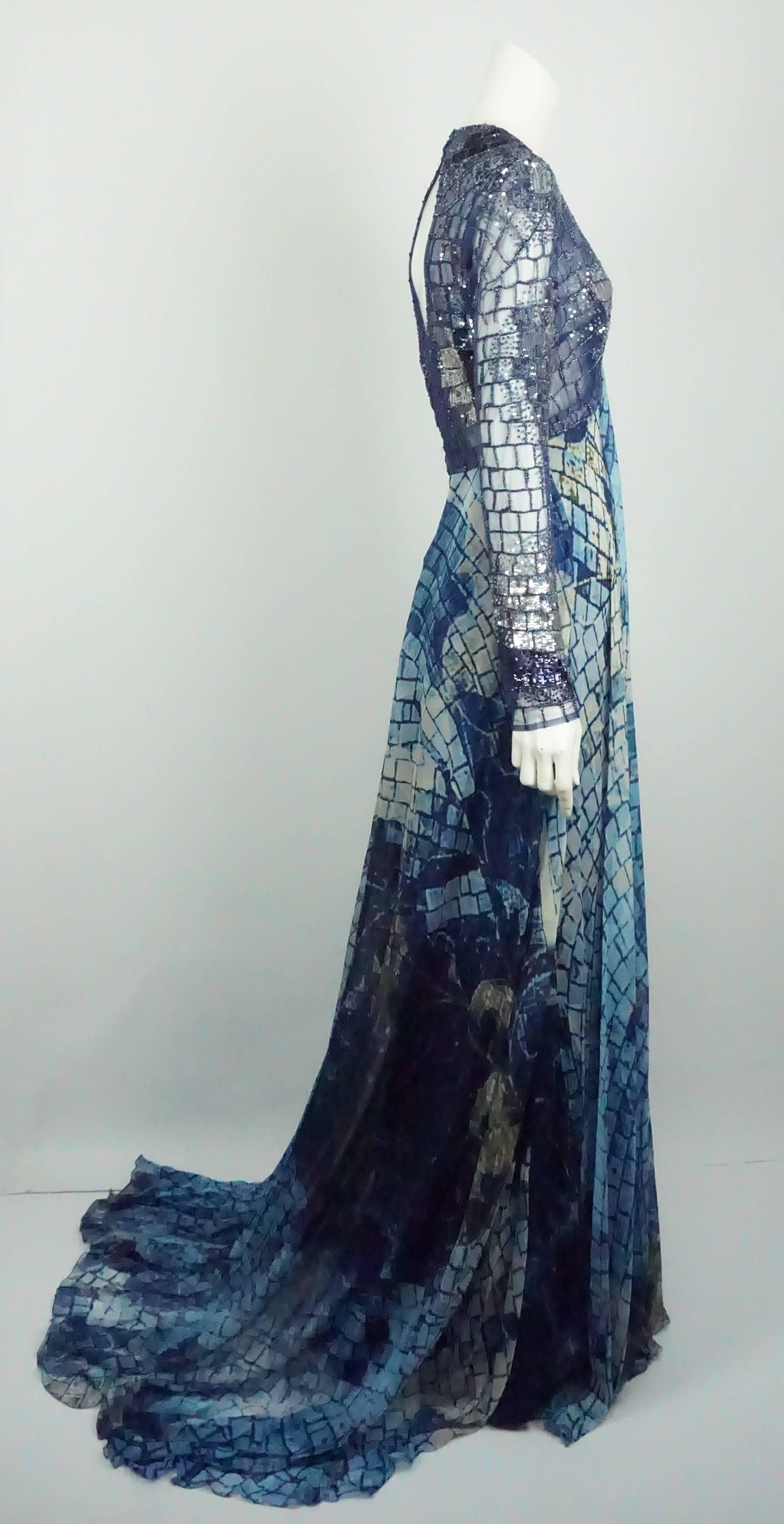 Zuhair Murad Blue Mosaic Silk Print and fully Beaded/Sequin Gown - 6 - NWT This spectacular and NEW/NEVER WORN Blue Mosaic Silk Print Gown has a fully sequin/beaded mesh bodice and long sleeve with an oval opening in the back and a V looking