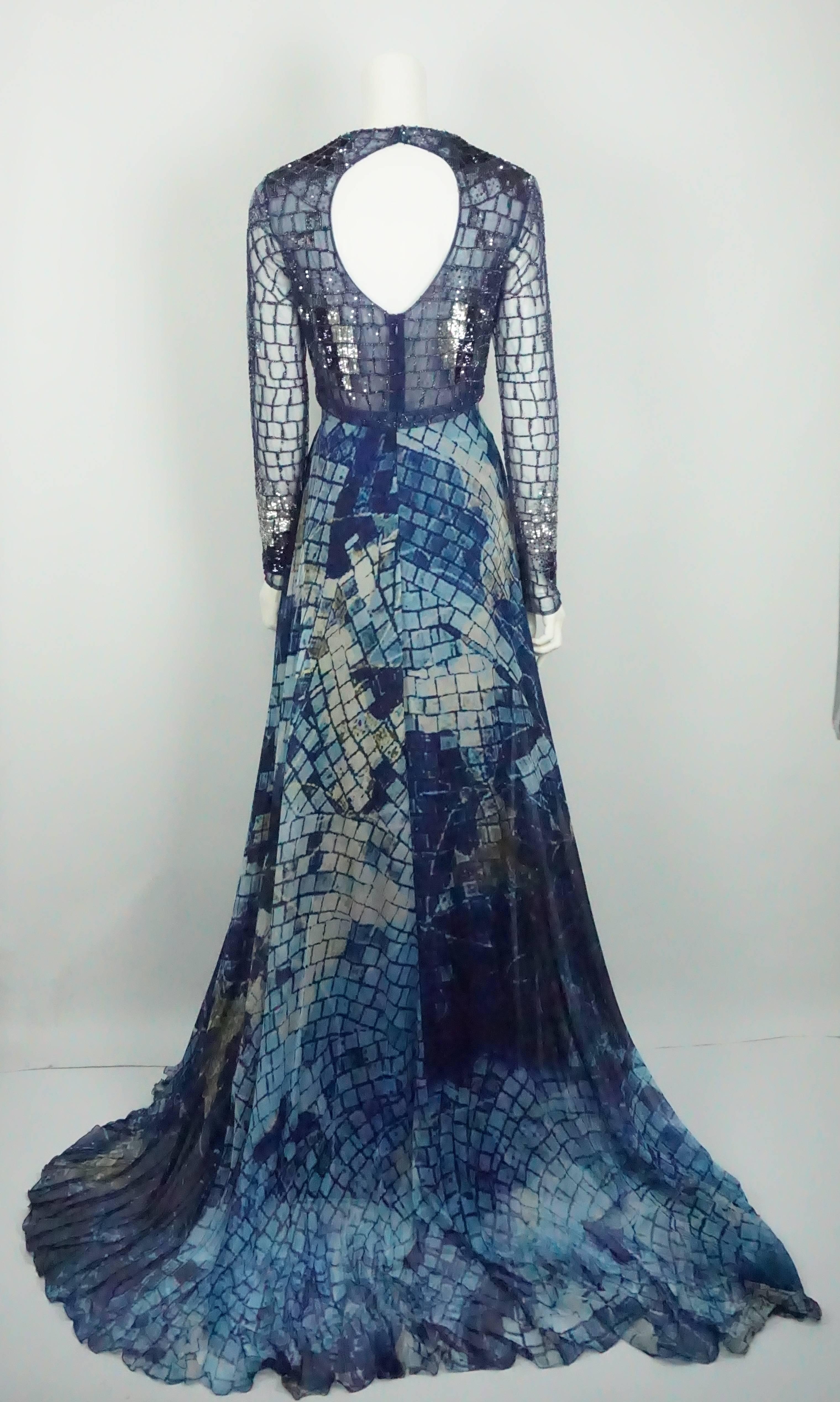Zuhair Murad Blue Mosaic Silk Print and fully Beaded/Sequin Gown - 6 - NWT In New Condition For Sale In West Palm Beach, FL