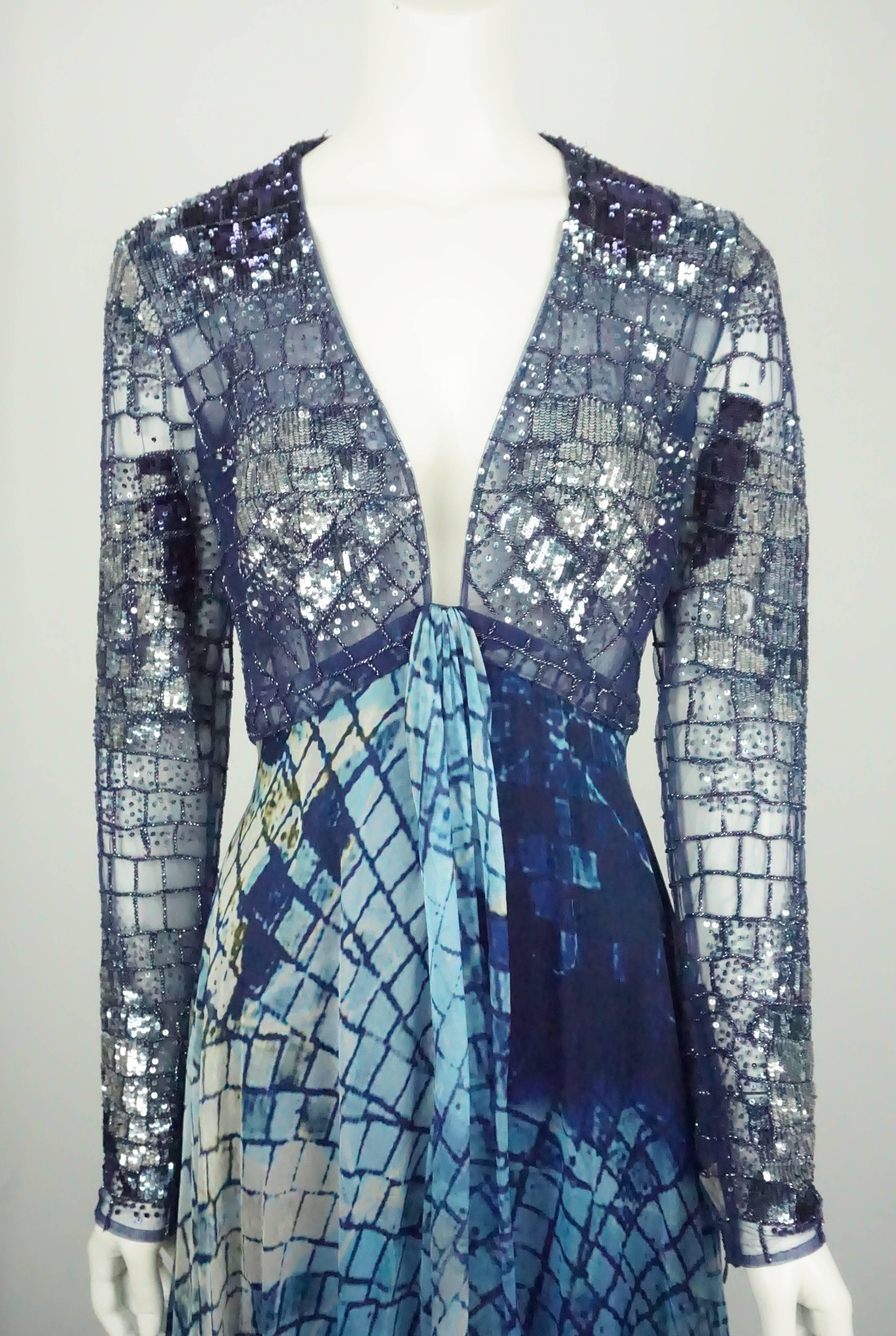 Zuhair Murad Blue Mosaic Silk Print and fully Beaded/Sequin Gown - 6 - NWT For Sale 3