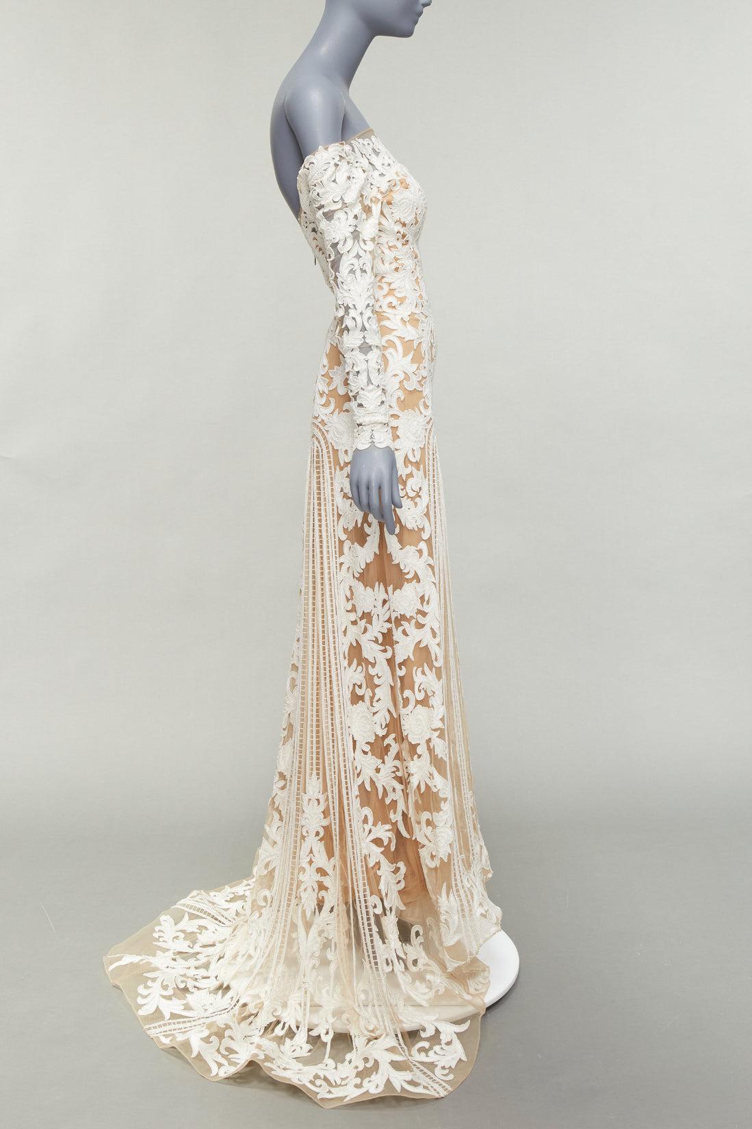 White ZUHAIR MURAD Bridal 2015 Runway white pearl embellished wedding gown IT36 XXS