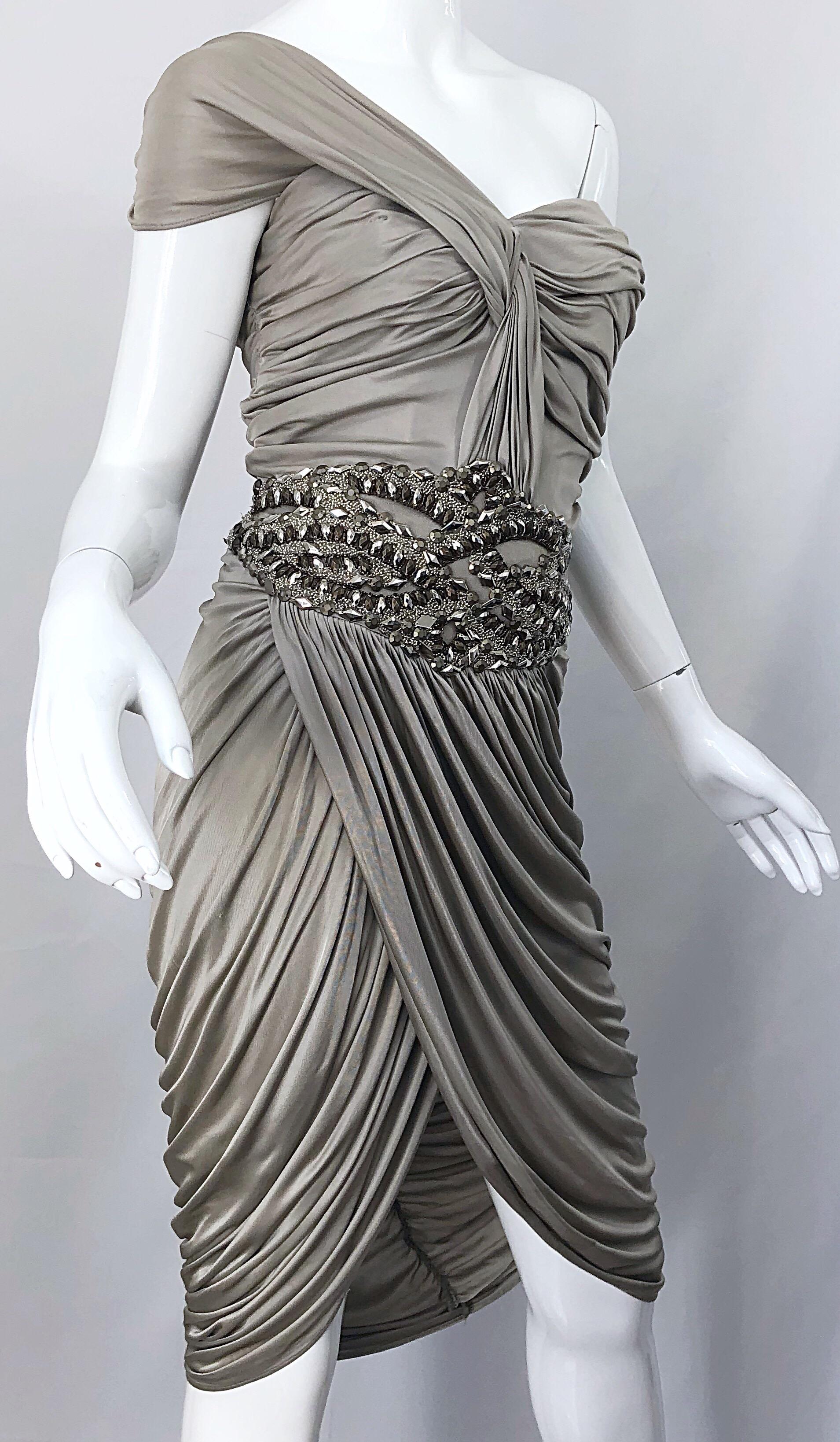 Zuhair Murad Couture 2000s Beige Taupe Beade One Shoulder Grecian Cocktail Dress 5