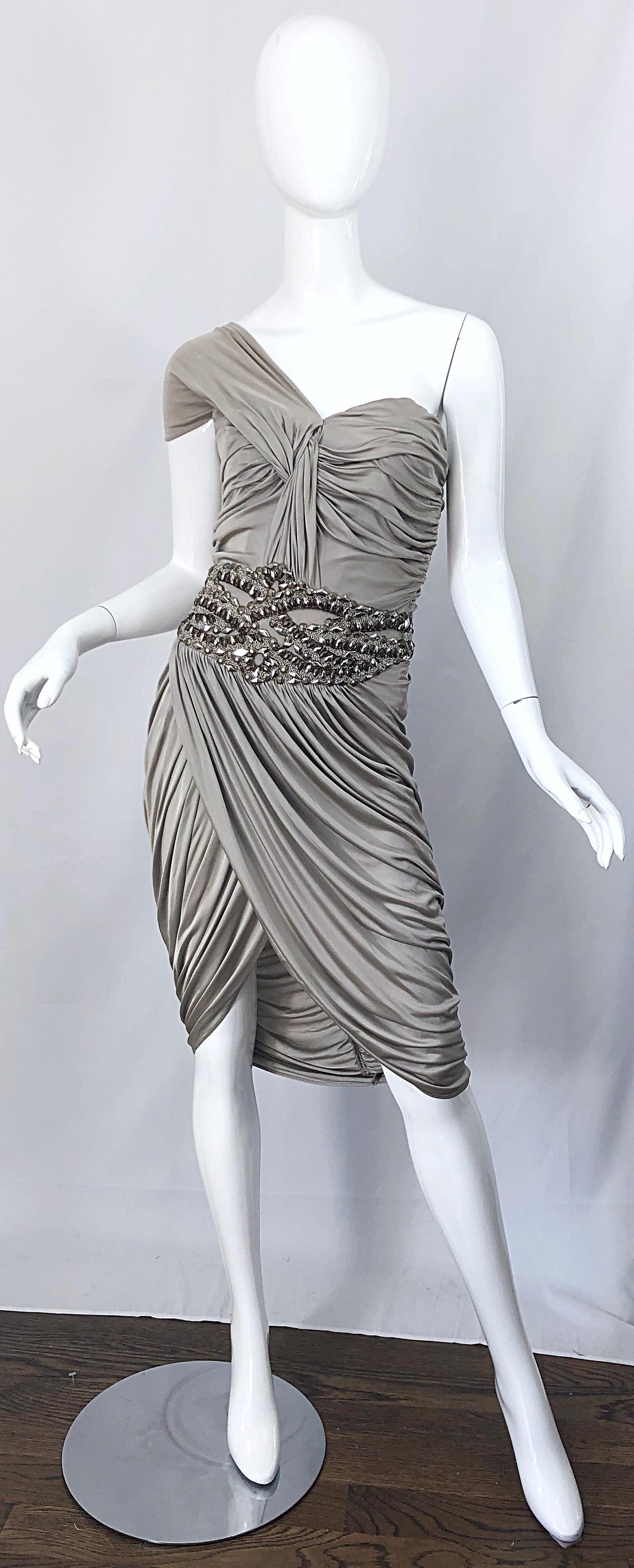 Zuhair Murad Couture 2000s Beige Taupe Beade One Shoulder Grecian Cocktail Dress 7